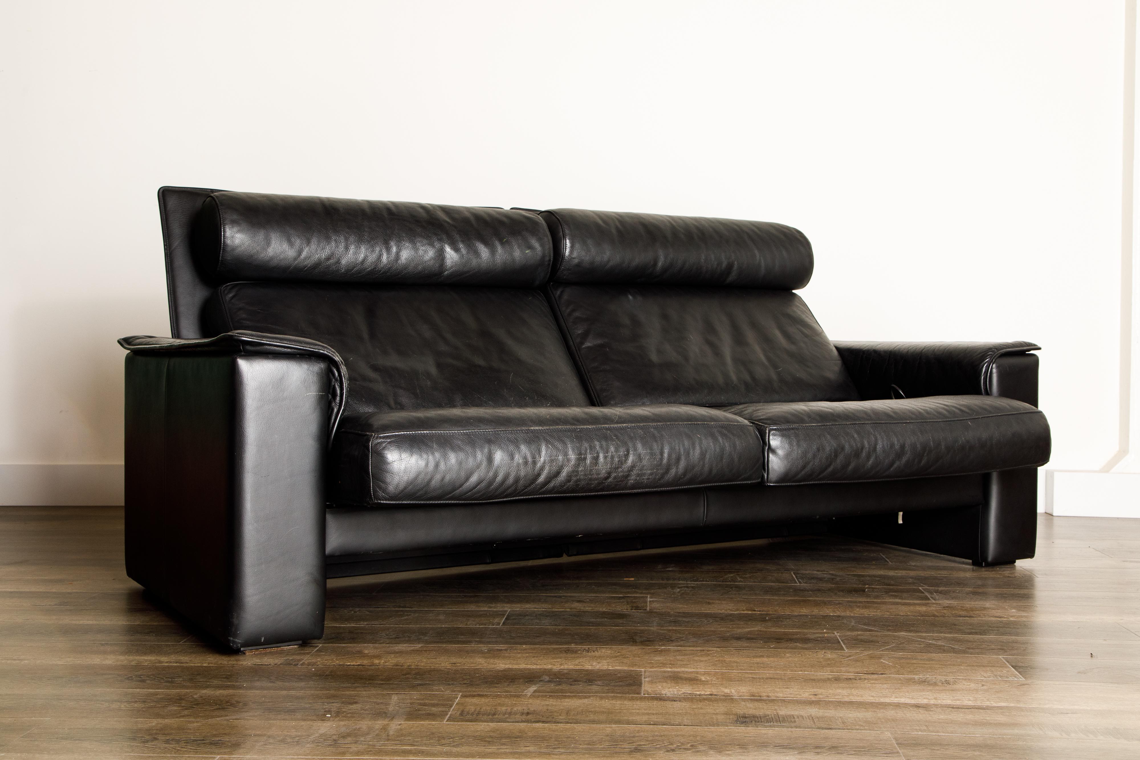 Late 20th Century De Sede Aged Black Leather Recliner Loveseat Sofa, 1970s Switzerland, Signed