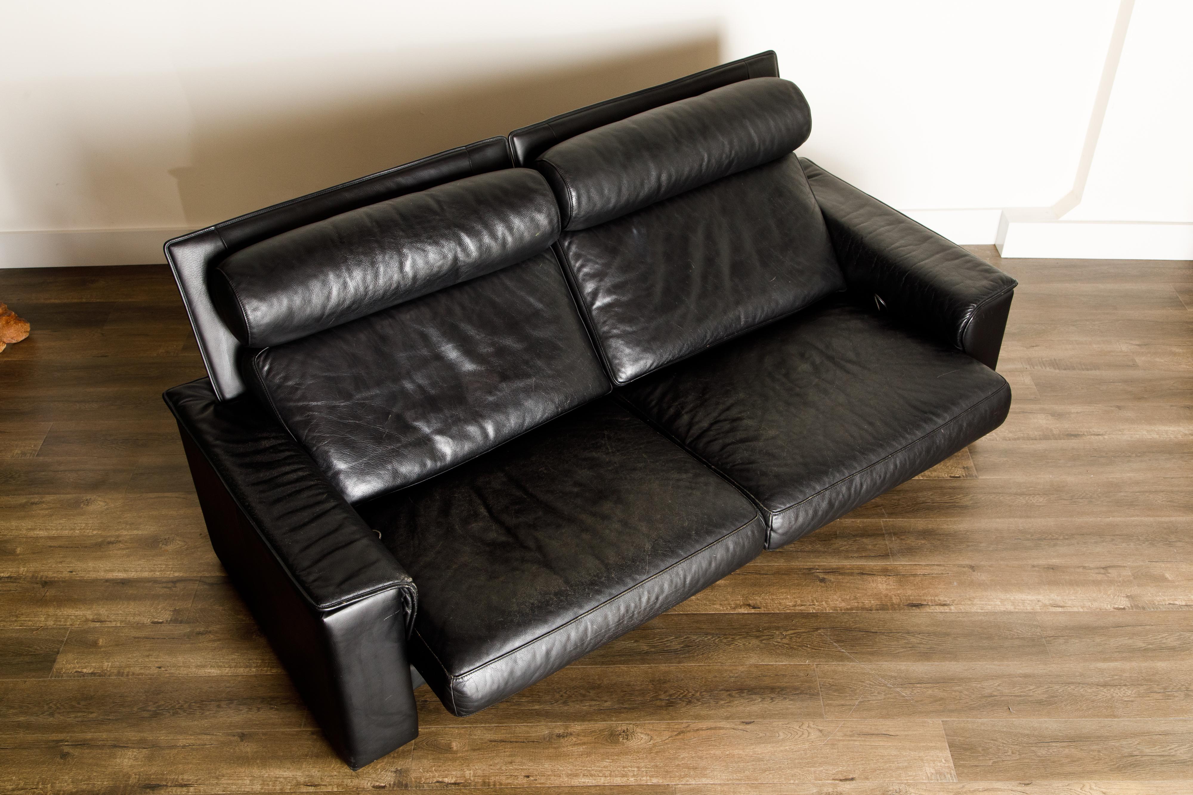 De Sede Aged Black Leather Recliner Loveseat Sofa, 1970s Switzerland, Signed 2