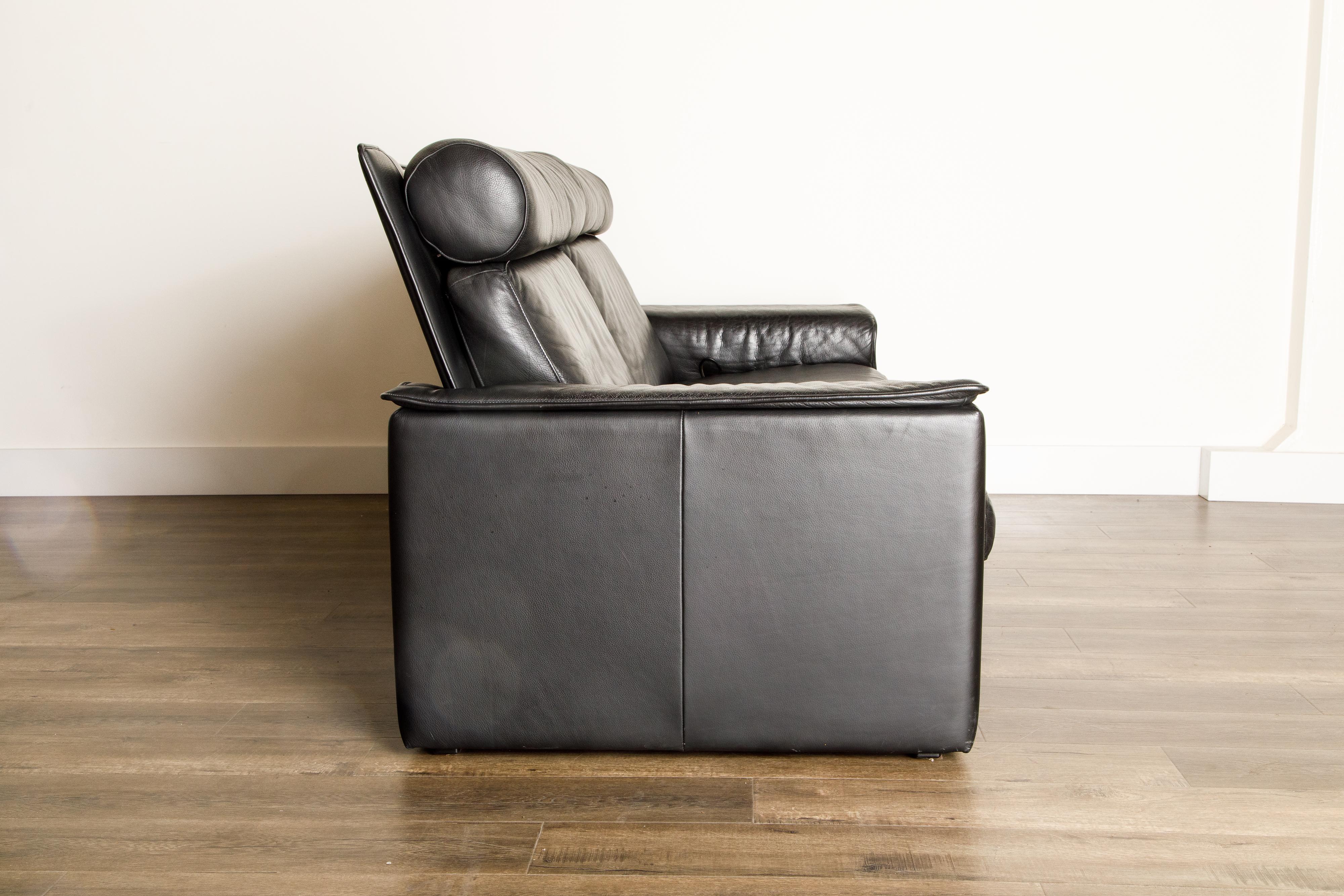 De Sede Aged Black Leather Recliner Loveseat Sofa, 1970s Switzerland, Signed 3