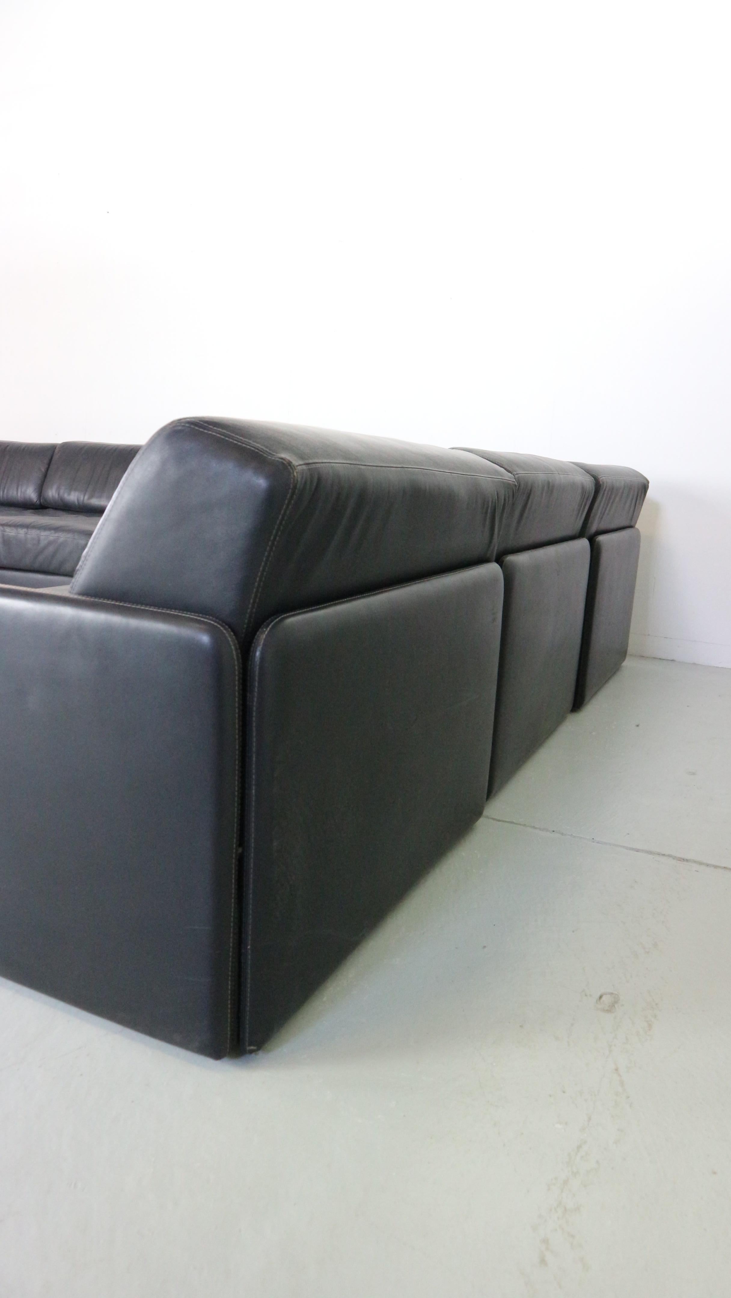 Black Leather Sectional Six-Seater Sofa, 1970s  5