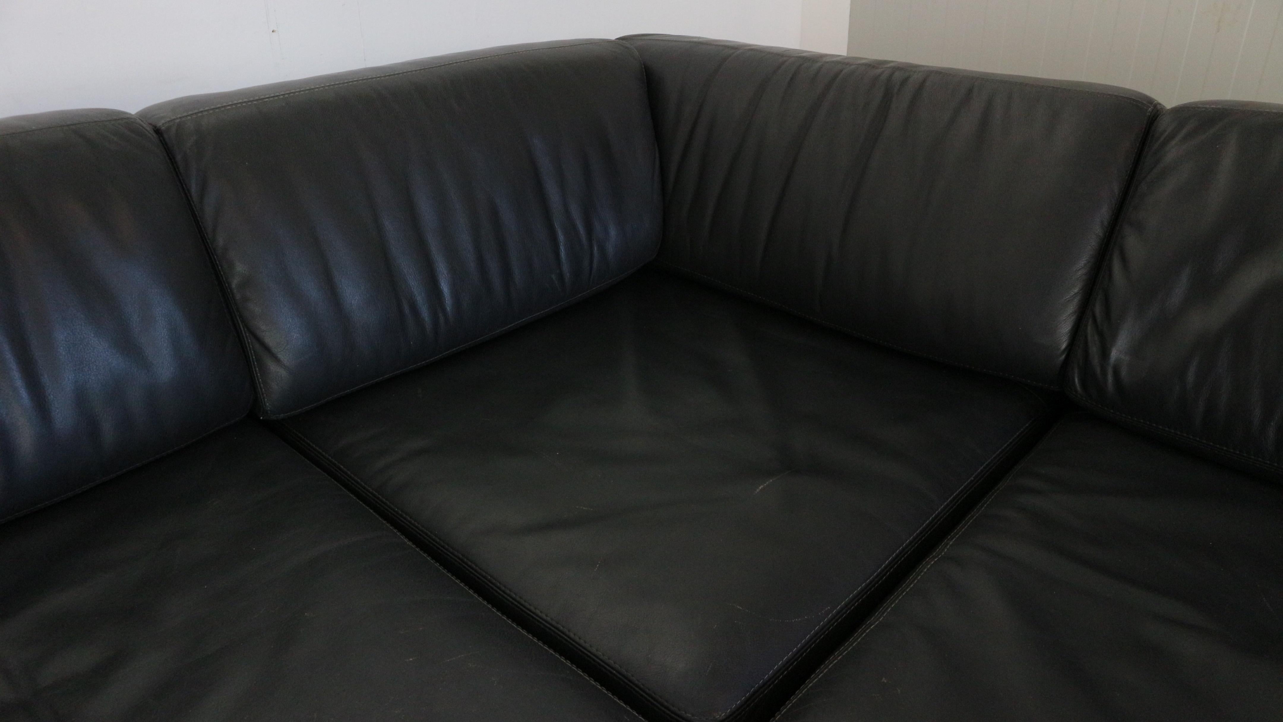 Black Leather Sectional Six-Seater Sofa, 1970s  9
