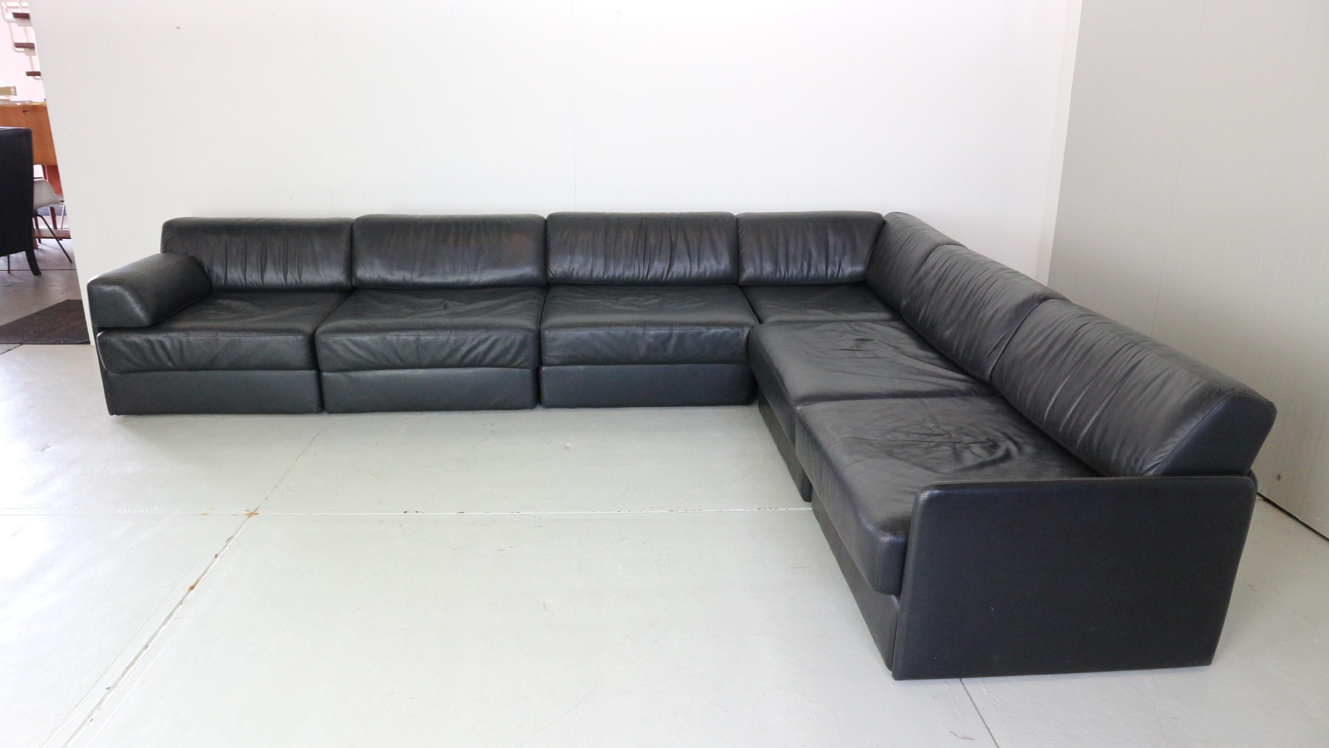 Late 20th Century Black Leather Sectional Six-Seater Sofa, 1970s 