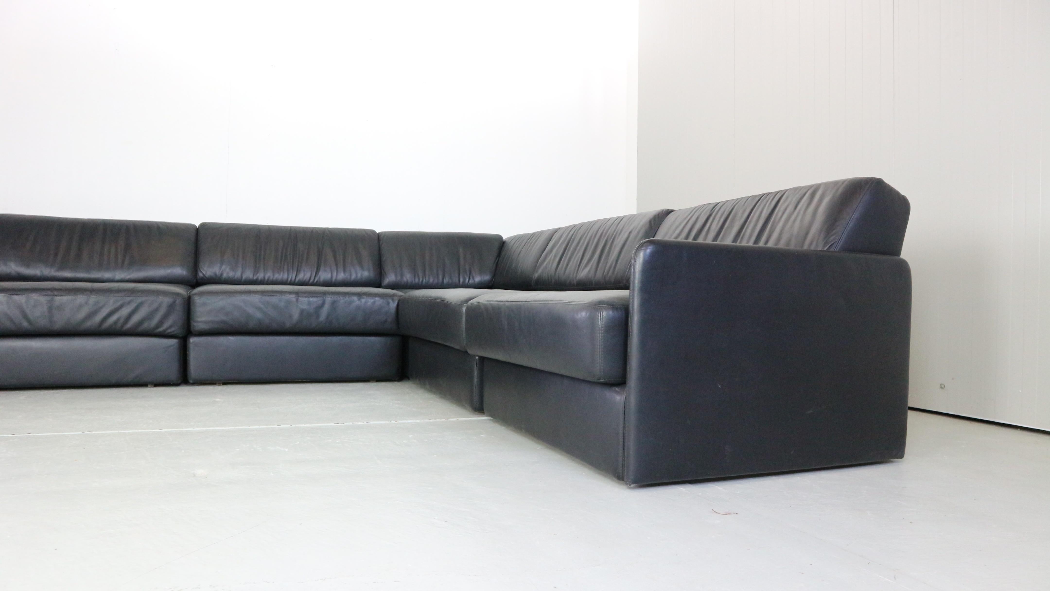 Black Leather Sectional Six-Seater Sofa, 1970s  1
