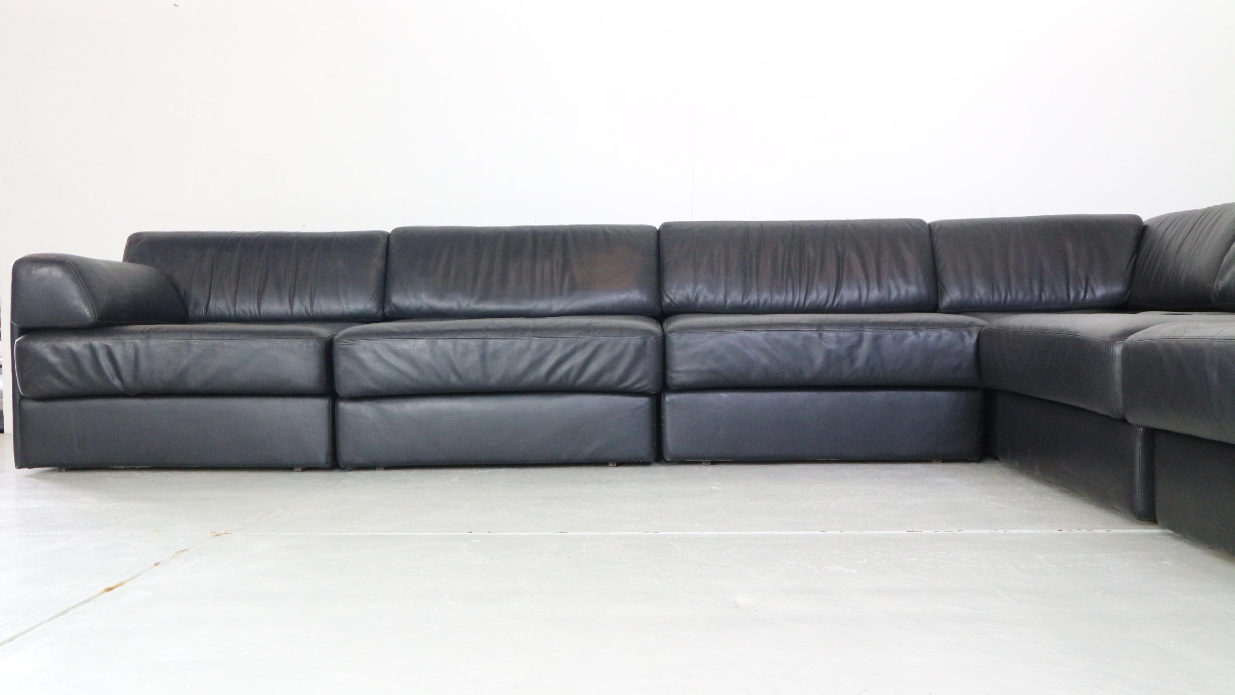 Black Leather Sectional Six-Seater Sofa, 1970s  2