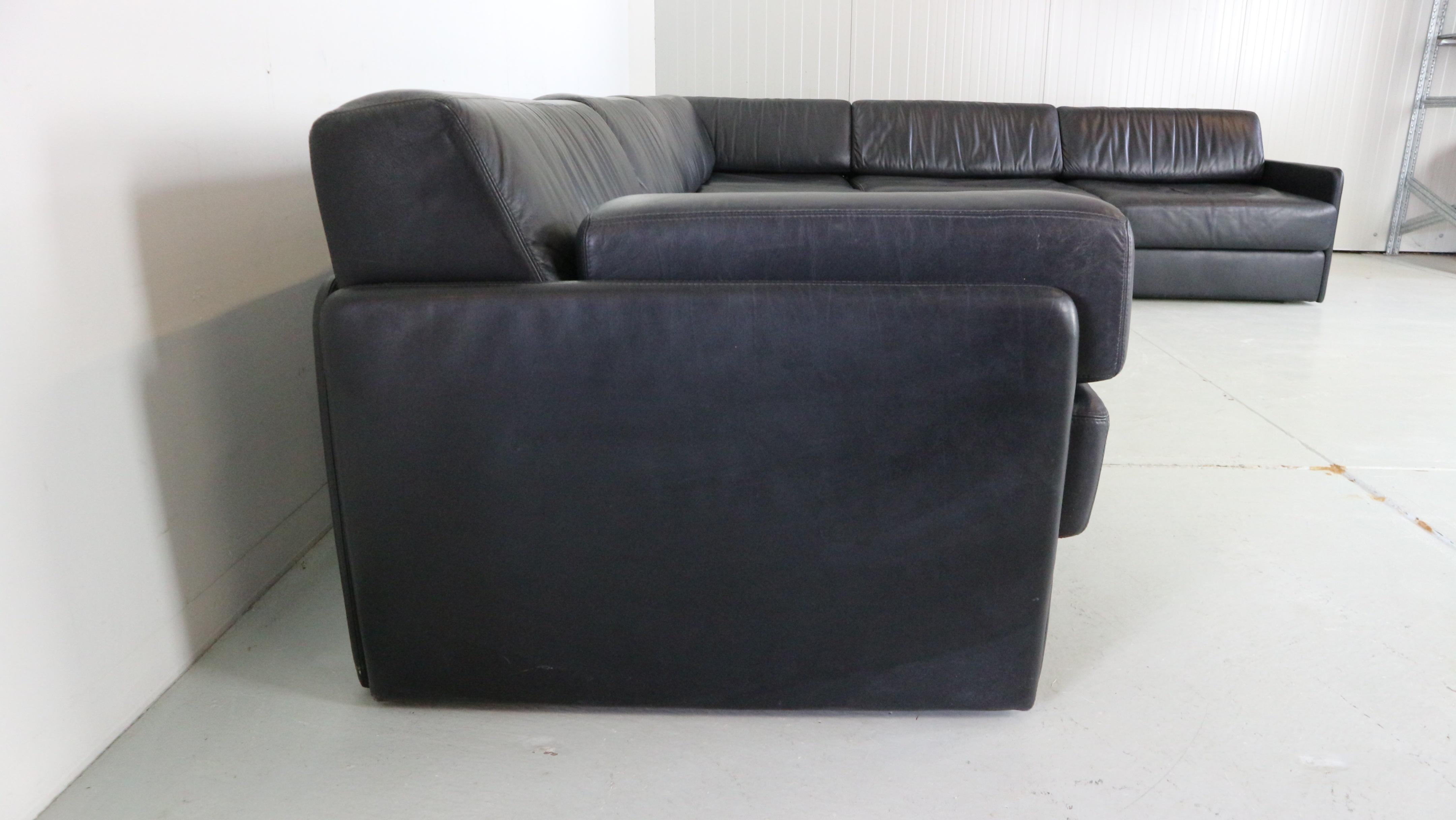 Black Leather Sectional Six-Seater Sofa, 1970s  3