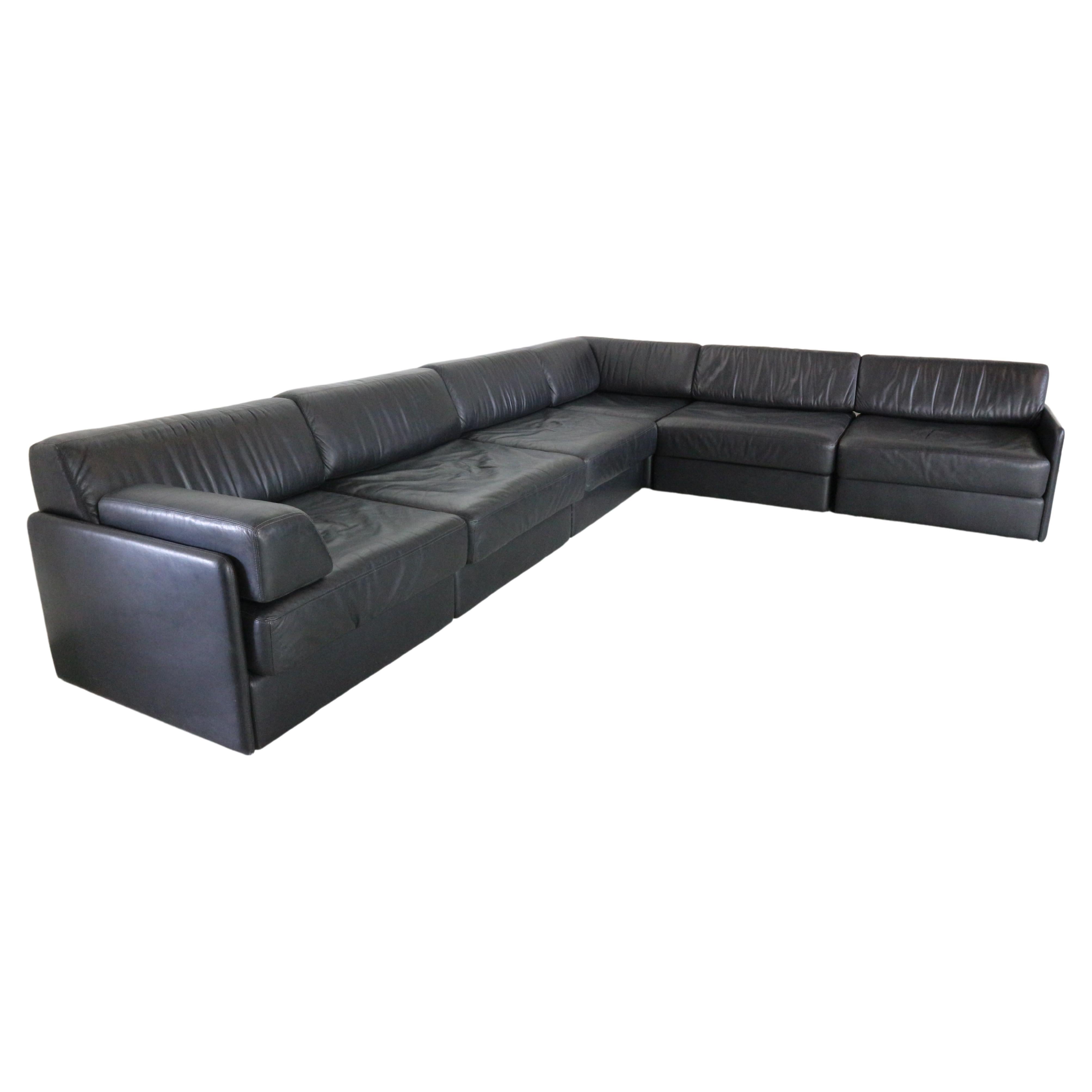 Black Leather Sectional Six-Seater Sofa, 1970s 