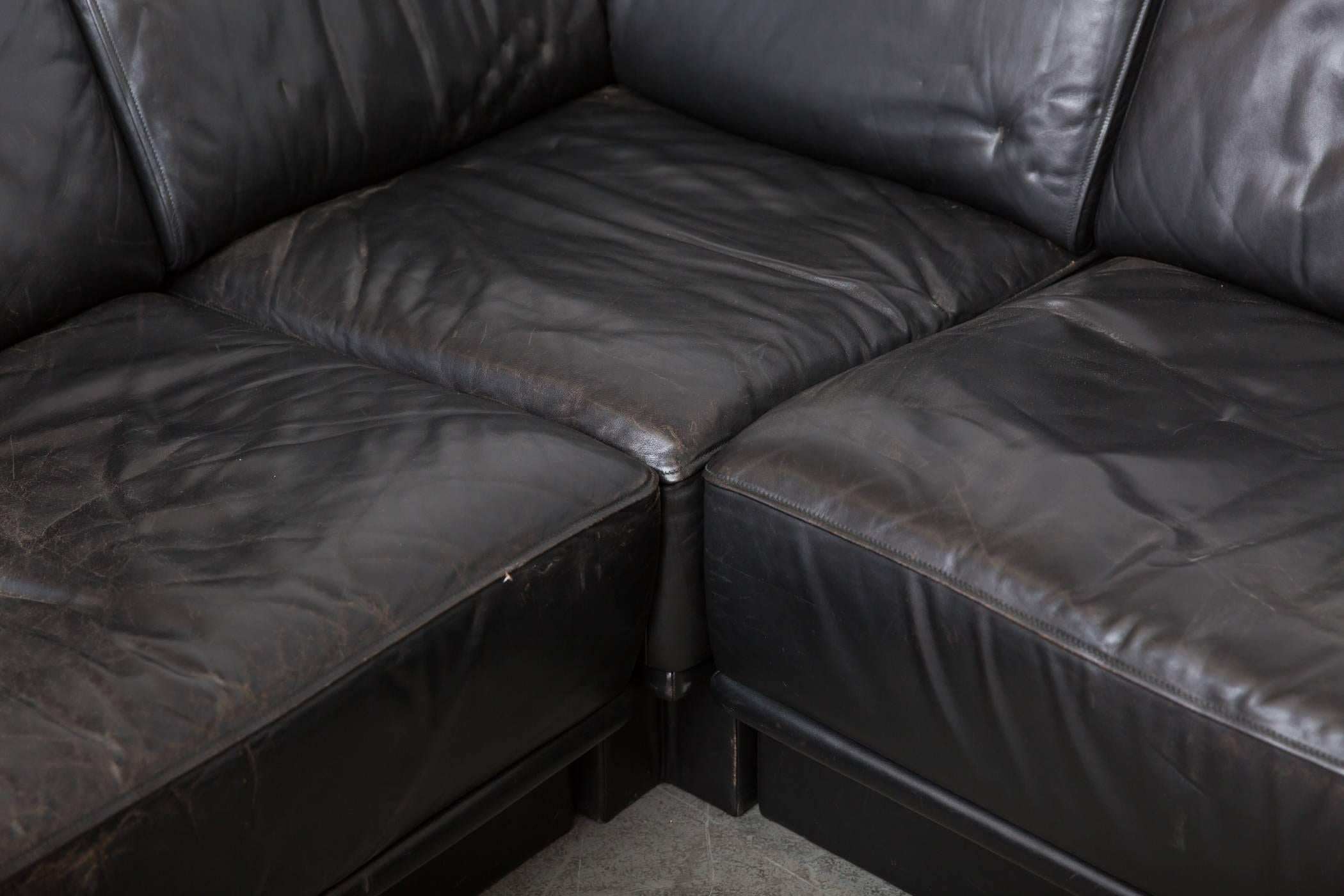 Mid-Century Modern De Sede Black Leather Sectional Sofa