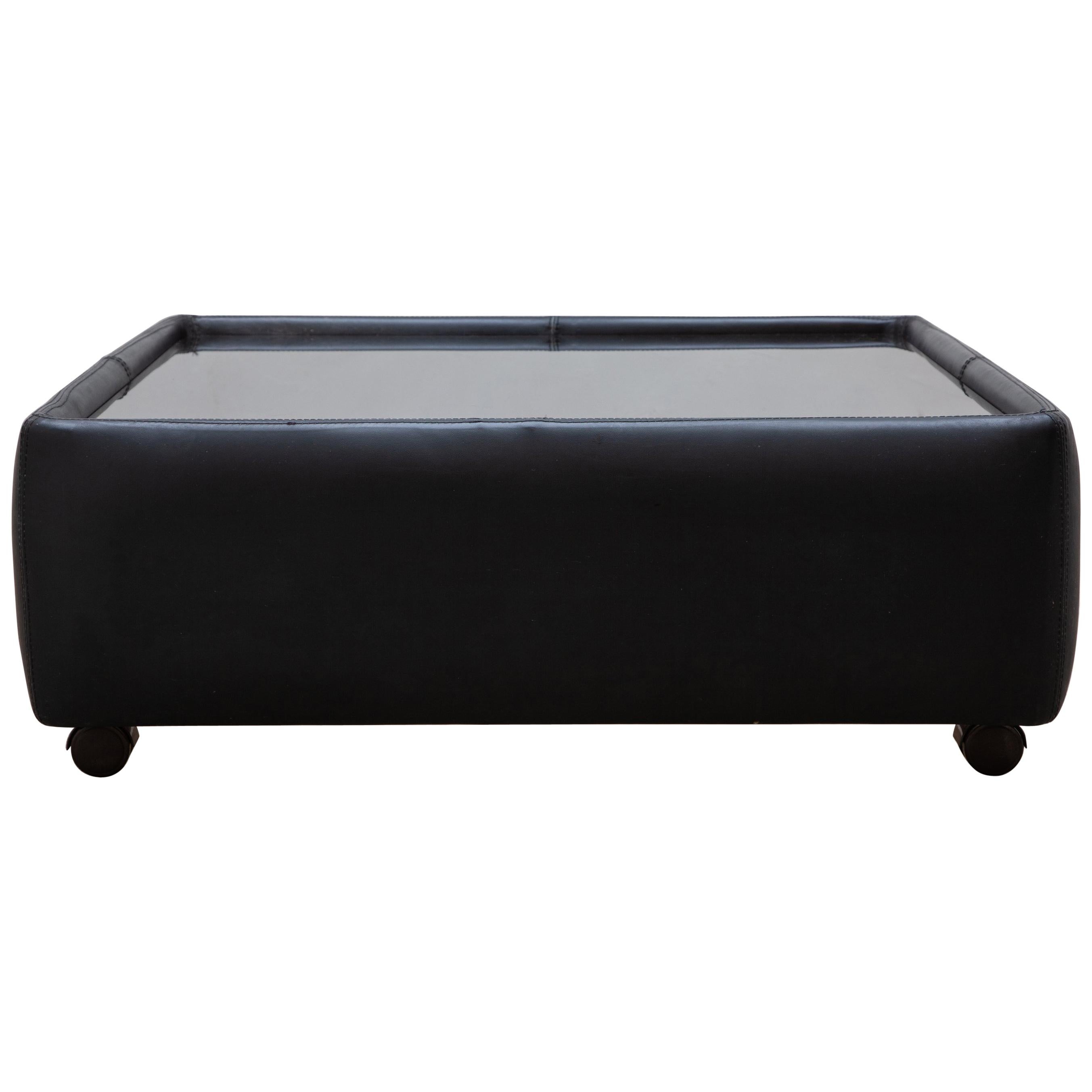 De Sede Black Leather with Glass Top Adjustable Coffee or Side Table, 1970s