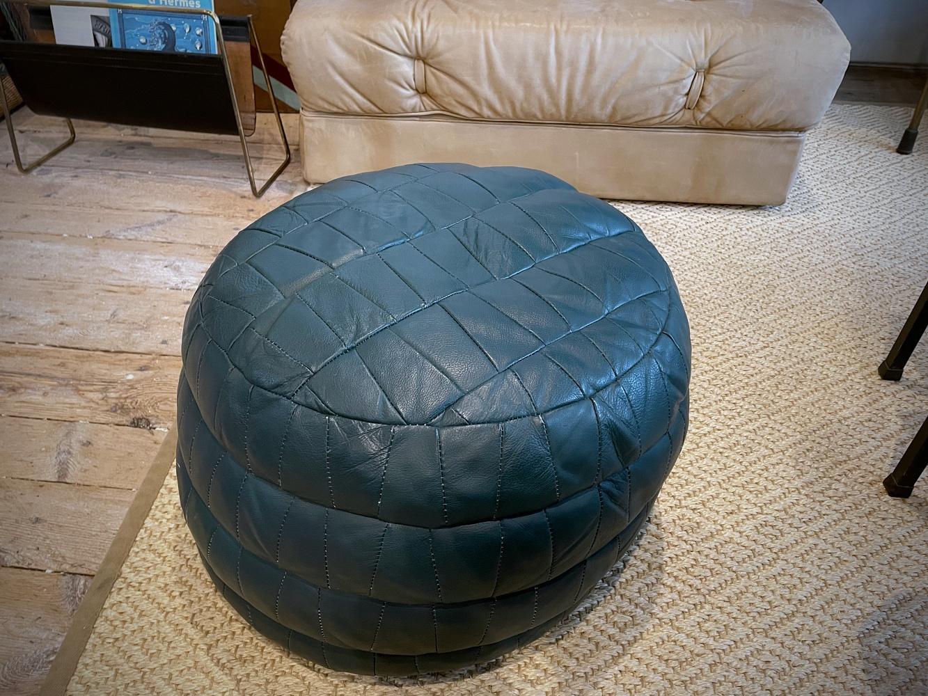 Mid-Century Modern De Sede British Racing Green Patchwork Leather Pouf, Ottoman, DeSede Switzerland For Sale