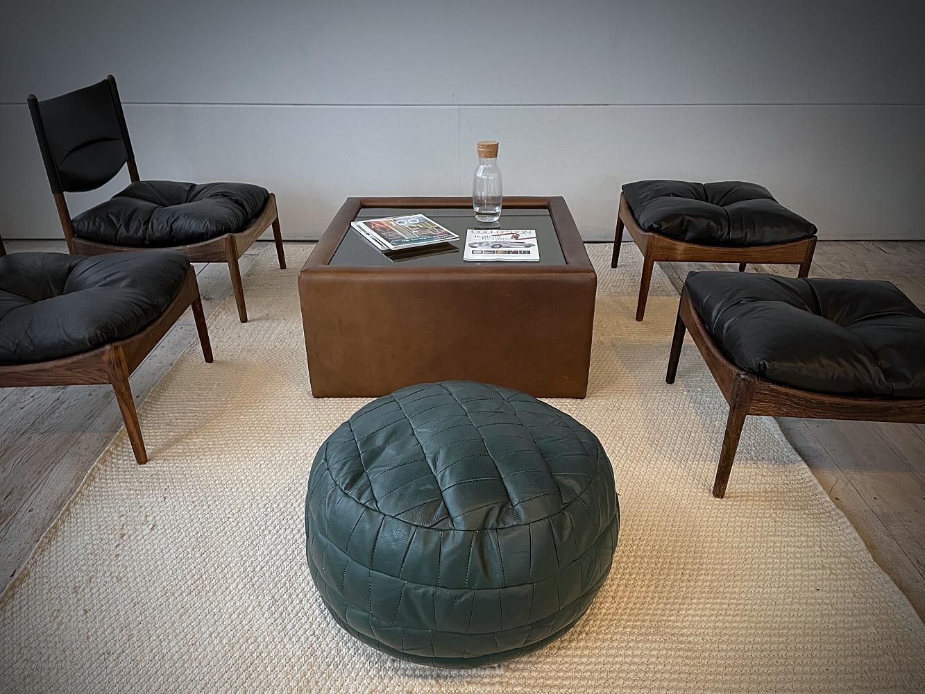 Hand-Crafted De Sede British Racing Green Patchwork Leather Pouf, Ottoman, DeSede Switzerland For Sale