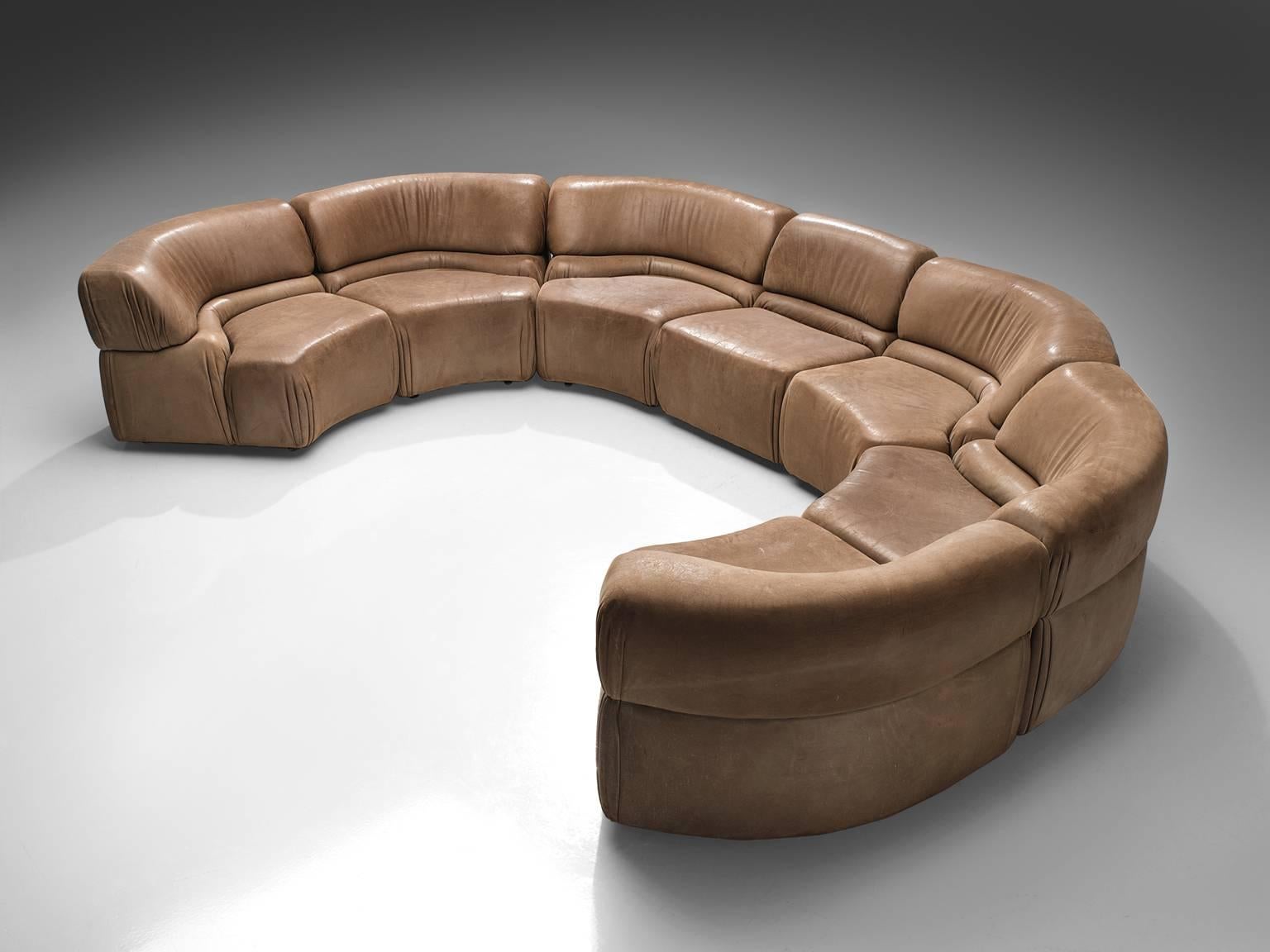 De Sede, 'Cosmos', patinated brown leather, seven elements, Switzerland, 1970s.

Thick, high-quality modular sofa made by De Sede in Switzerland in the 1970s. Due to the separate elements, the couch can be used in a variety of different positions.