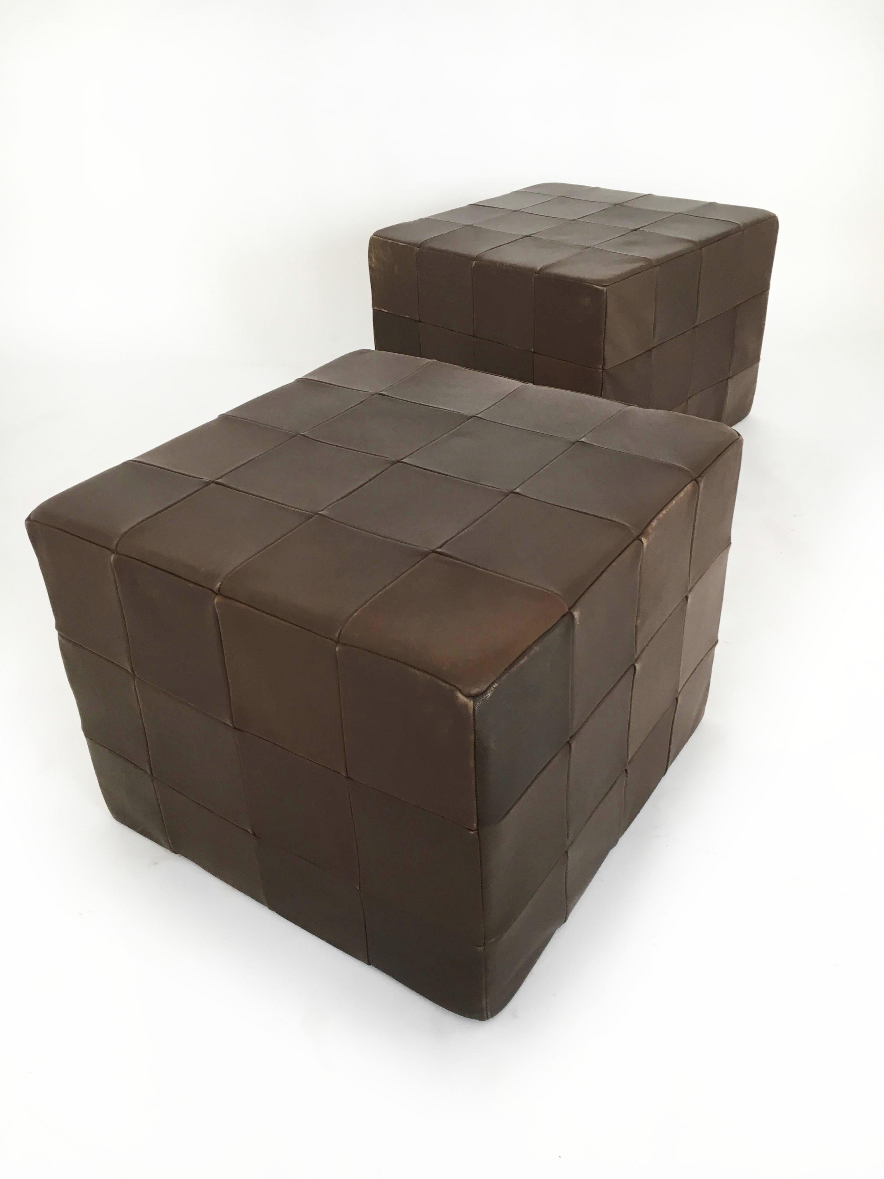 De Sede Brown Leather Patchwork Cubes Ottomans, Switzerland 1970s For Sale 1