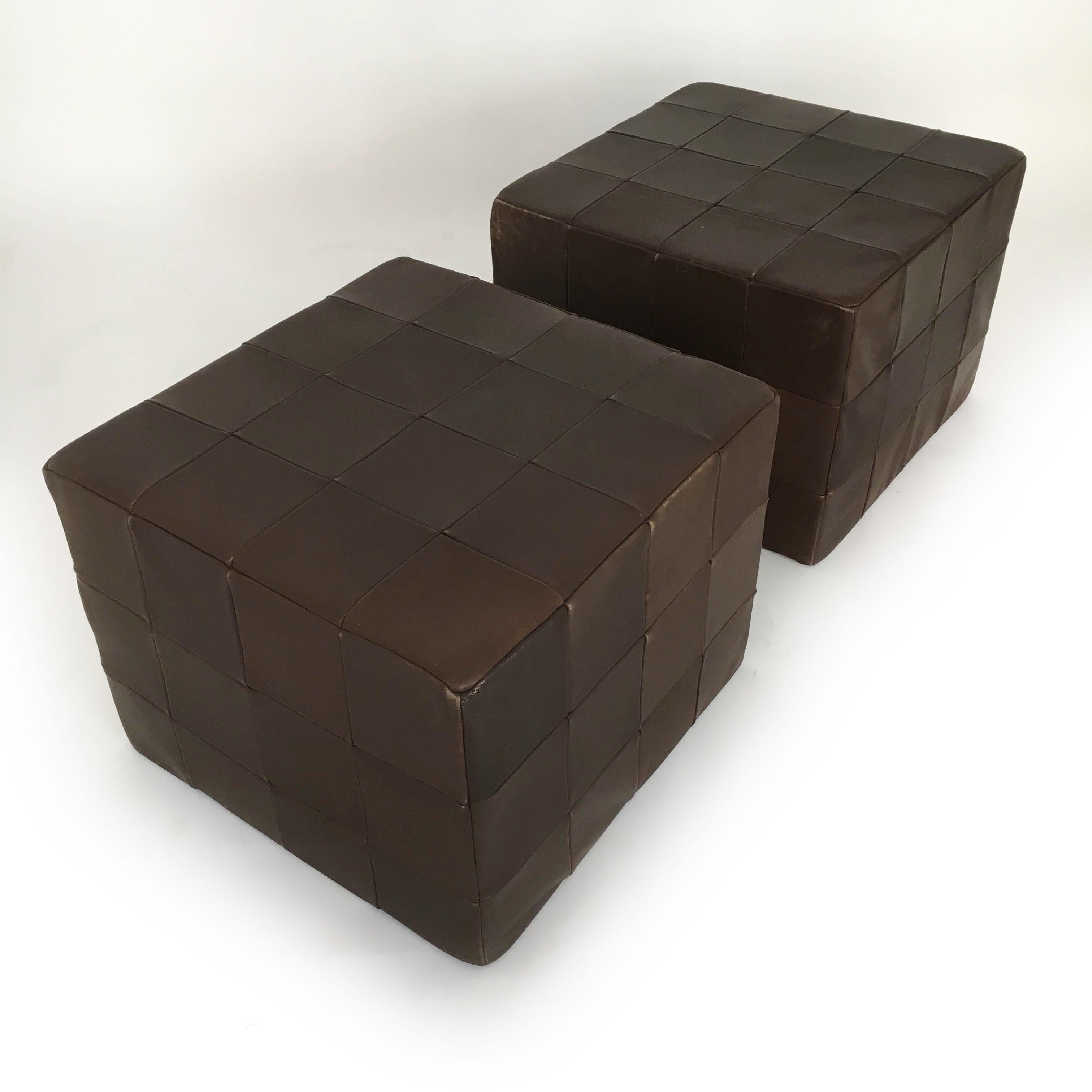 De Sede Brown Leather Patchwork Cubes Ottomans, Switzerland 1970s For Sale 3