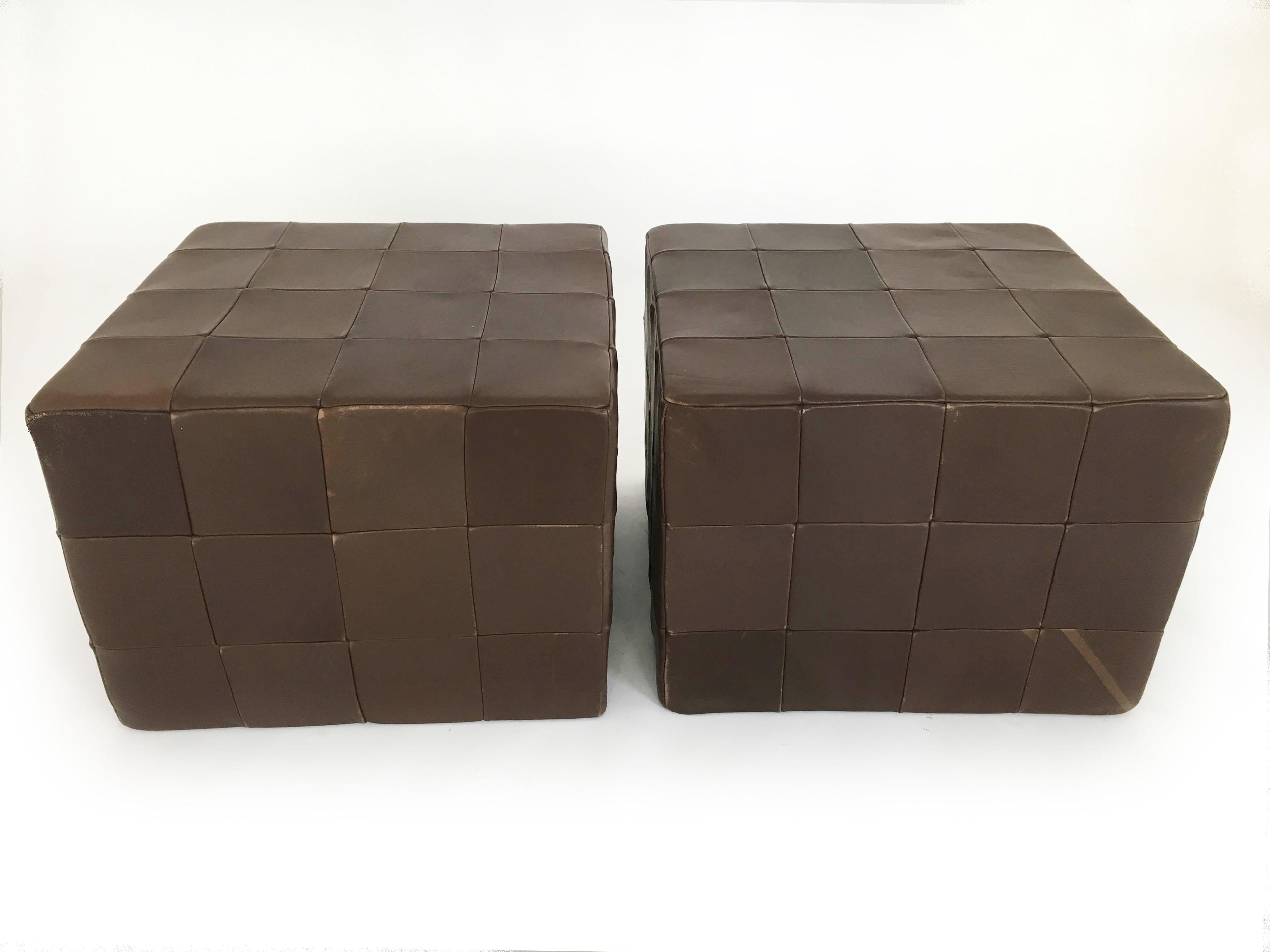 Mid-Century Modern De Sede Brown Leather Patchwork Cubes Ottomans, Switzerland 1970s For Sale