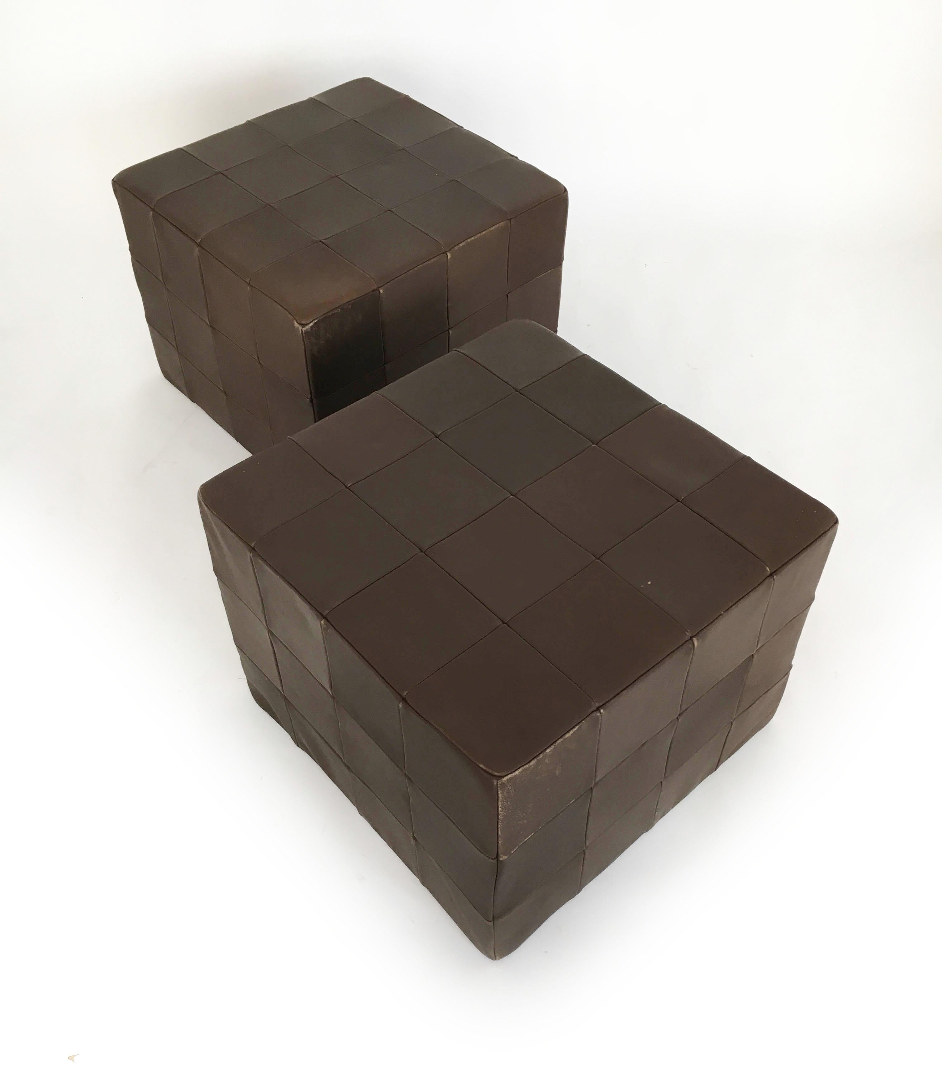 Swiss De Sede Brown Leather Patchwork Cubes Ottomans, Switzerland 1970s For Sale