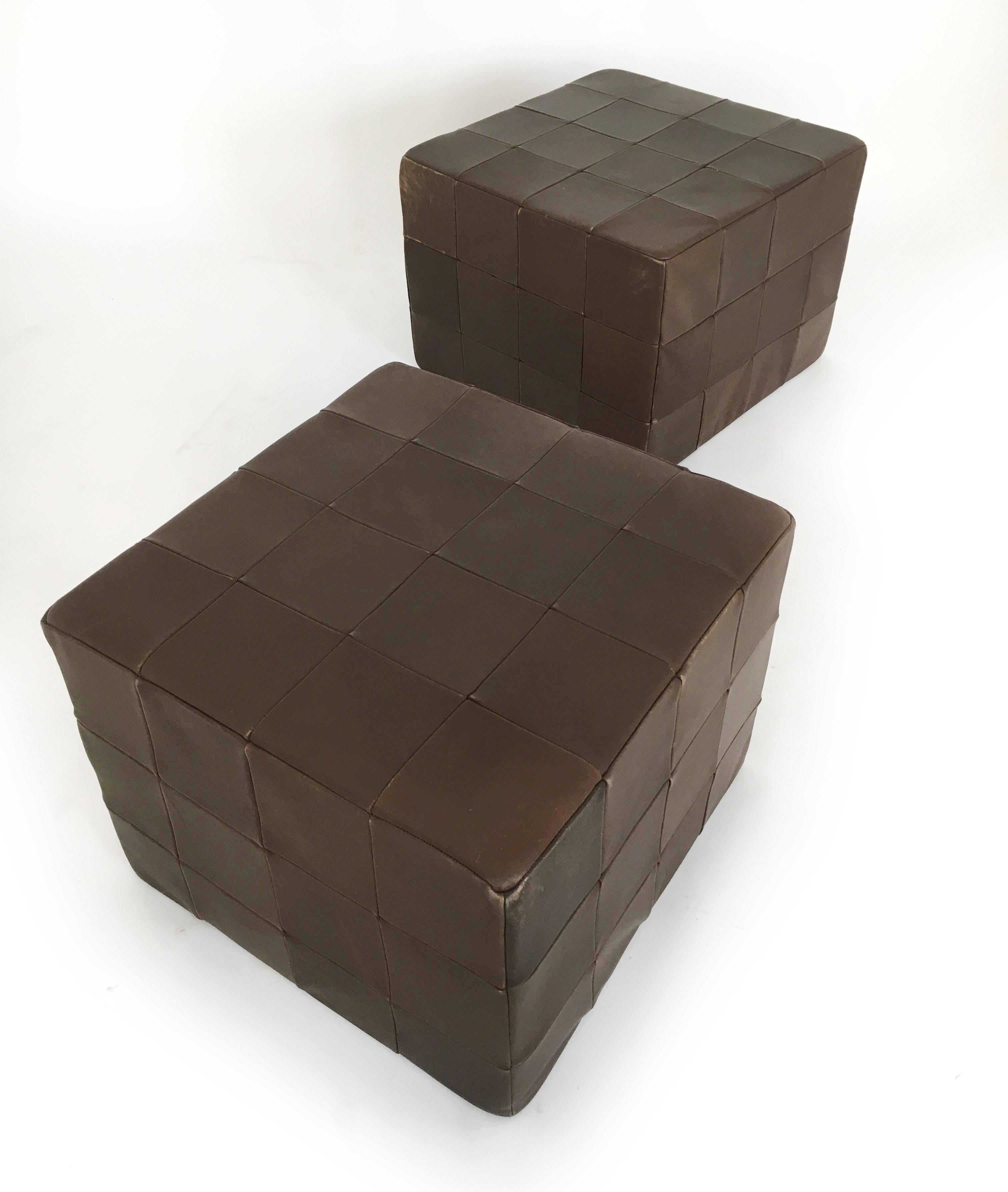 Late 20th Century De Sede Brown Leather Patchwork Cubes Ottomans, Switzerland 1970s For Sale