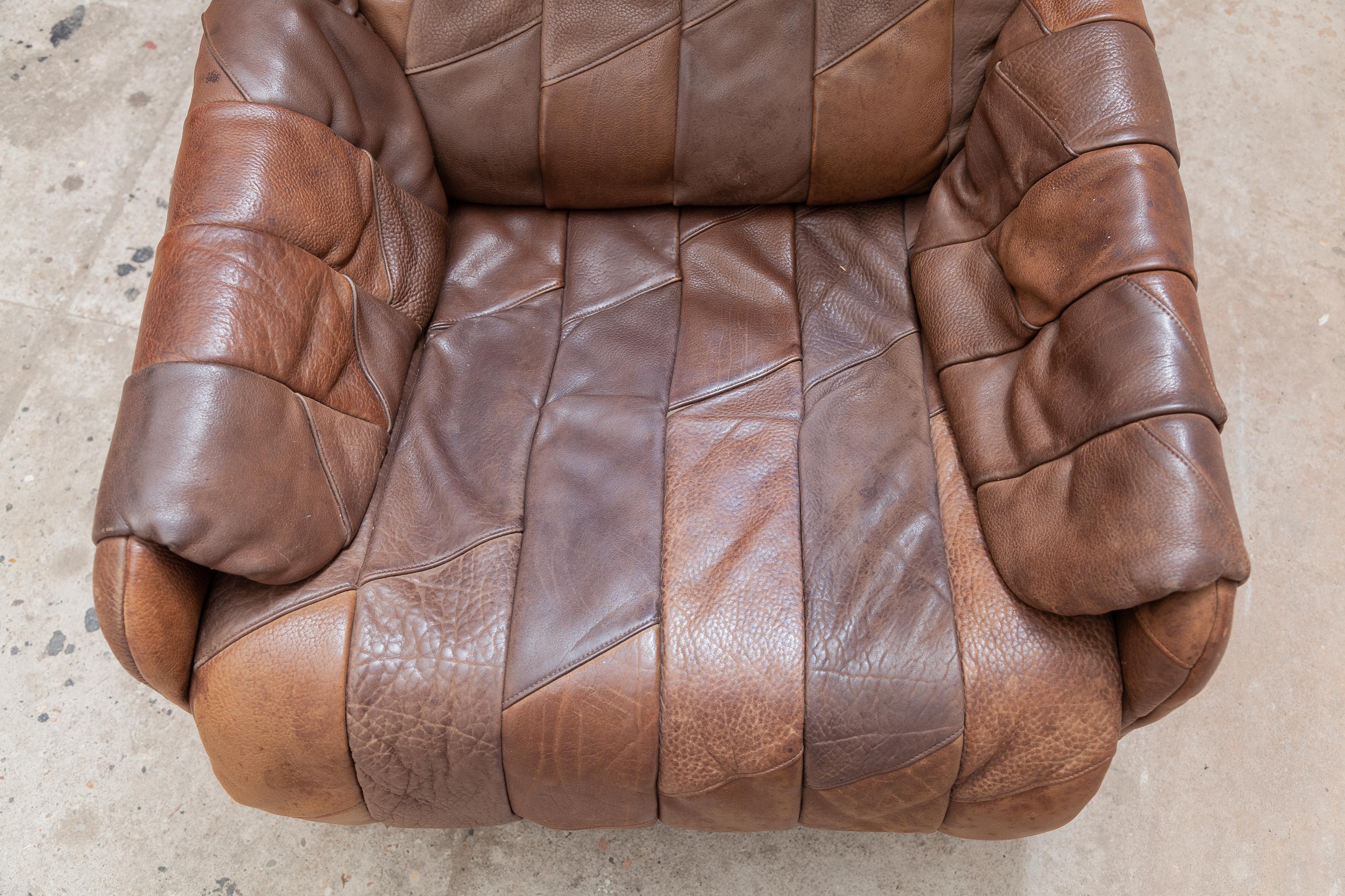 De Sede Brown Leather Patchwork Seventies Lounge Chair In Good Condition For Sale In Antwerp, BE