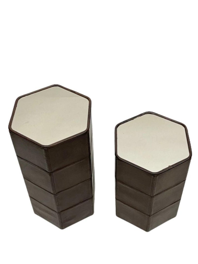 De Sede brown stitched leather side tables

De Sede side table with bronze mirror glass on top. The table in hexagonal shape in brown stitched leather body. Suitable as a plant table, or as a side table. The mirrors on top have scratches from use.