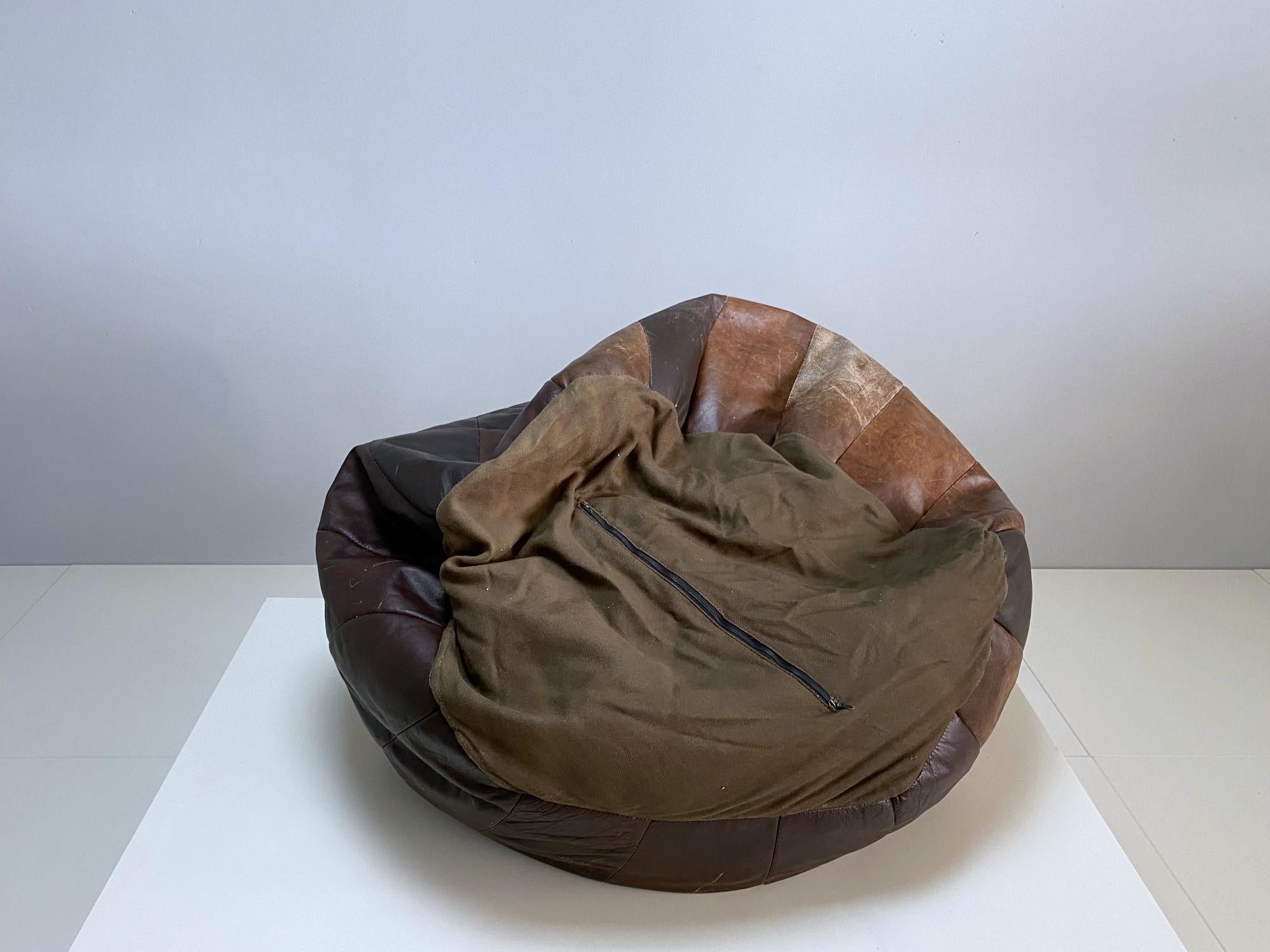 Late 20th Century De Sede Chocolate Brown Leather Patchwork Bean Bag, Pouf, 1970s, Switzerland