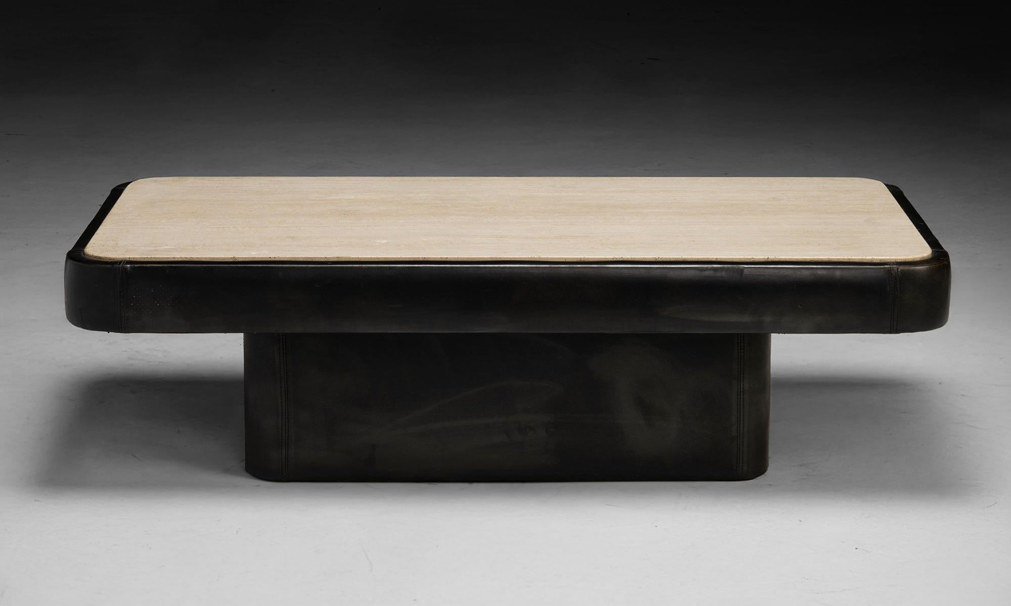 Leather & Marble Coffee Table
Switzerland, 1970
Leather base coffee table with travertine marble top, made by De Sede.
51.5”w x 26”d x 15”h
Ref. MOD1148
$ 5,800