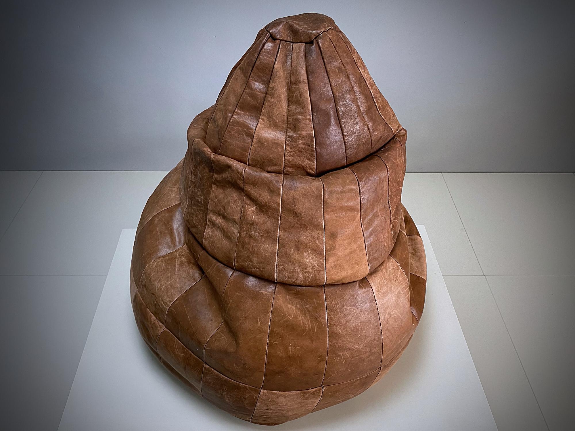 Mid-Century Modern De Sede Cognac Leather Patchwork Bean Bag, Pouf, 1970s, Switzerland