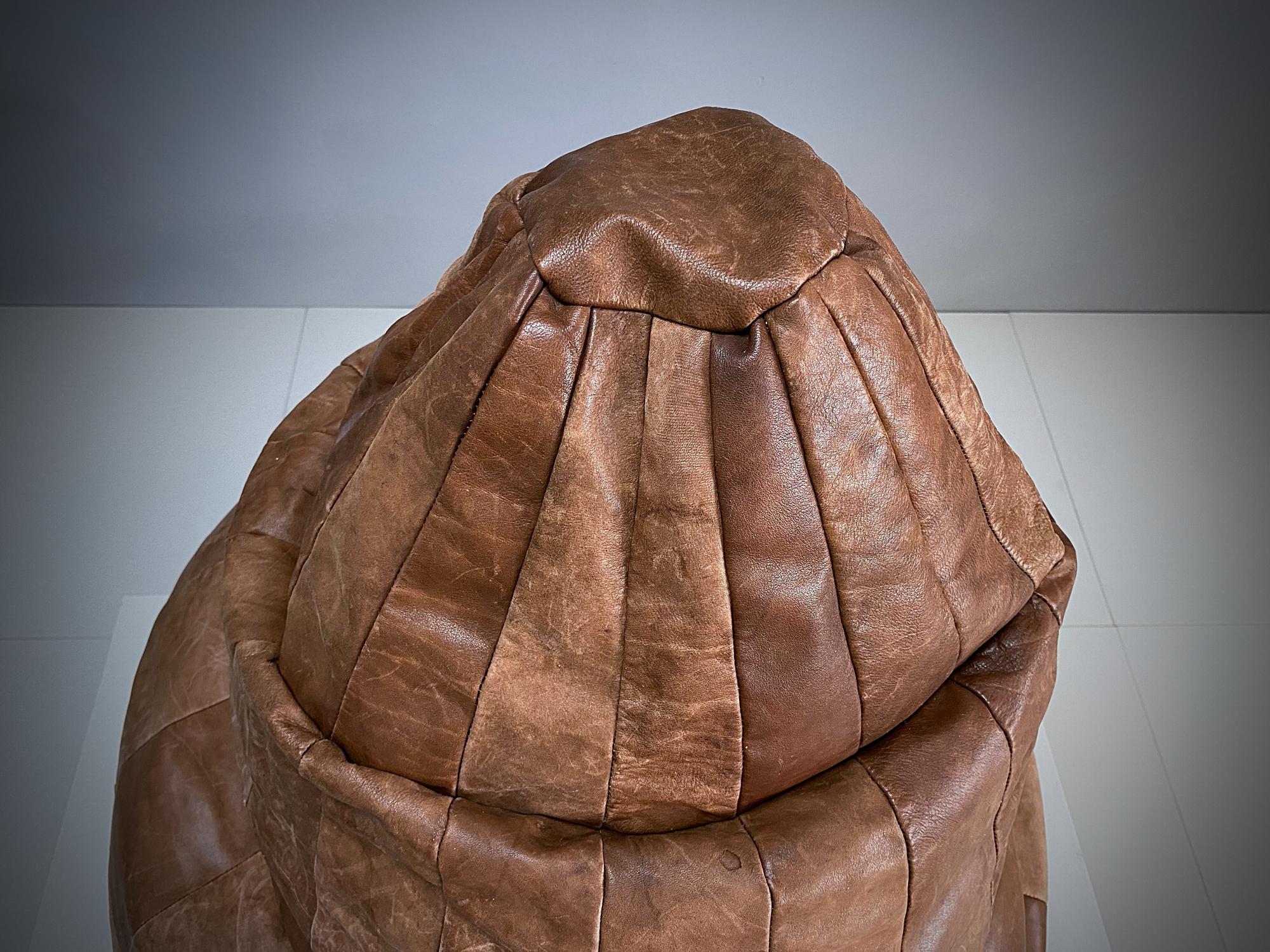 Swiss De Sede Cognac Leather Patchwork Bean Bag, Pouf, 1970s, Switzerland