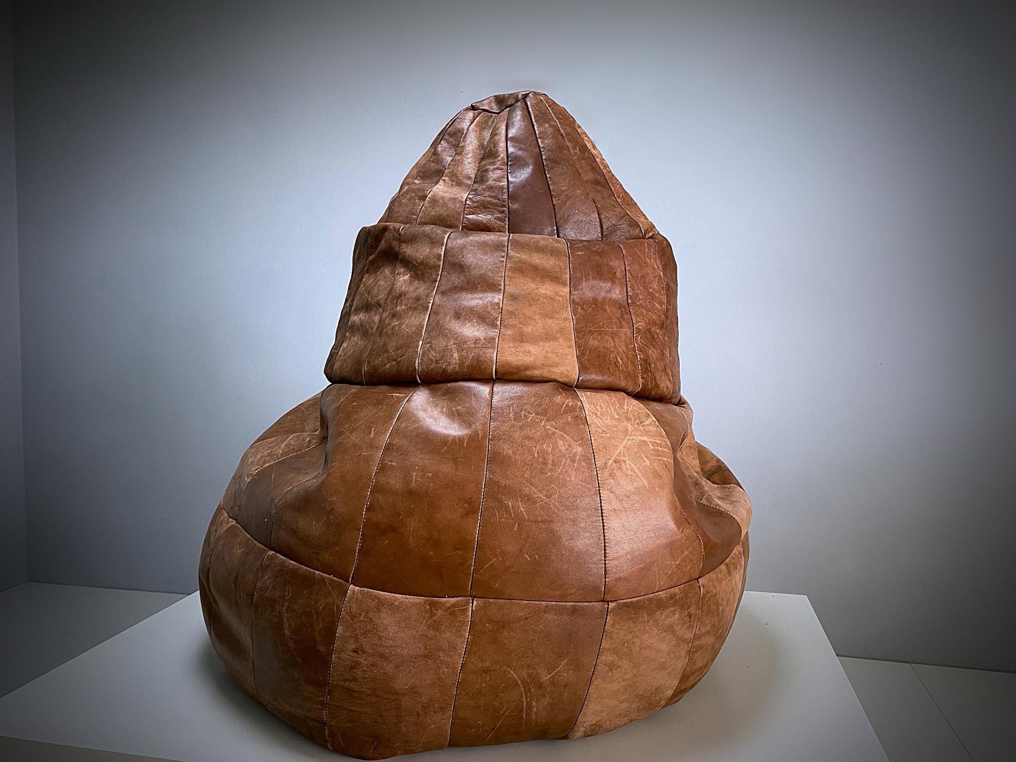 Hand-Crafted De Sede Cognac Leather Patchwork Bean Bag, Pouf, 1970s, Switzerland
