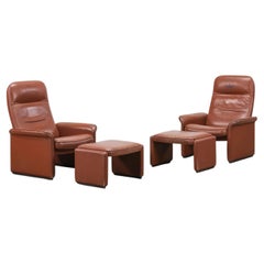 De Sede Cognac Leather Reclining Lounge Chairs with Ottomans Set of Four