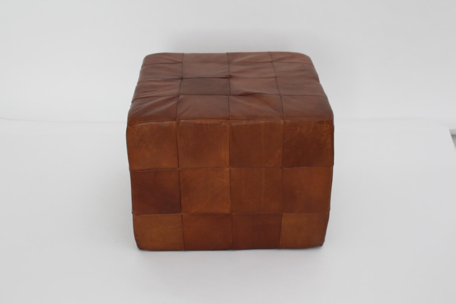De Sede Vintage Cognac Patchwork Leather Cubus Stool, Switzerland, 1970s In Good Condition In Vienna, AT
