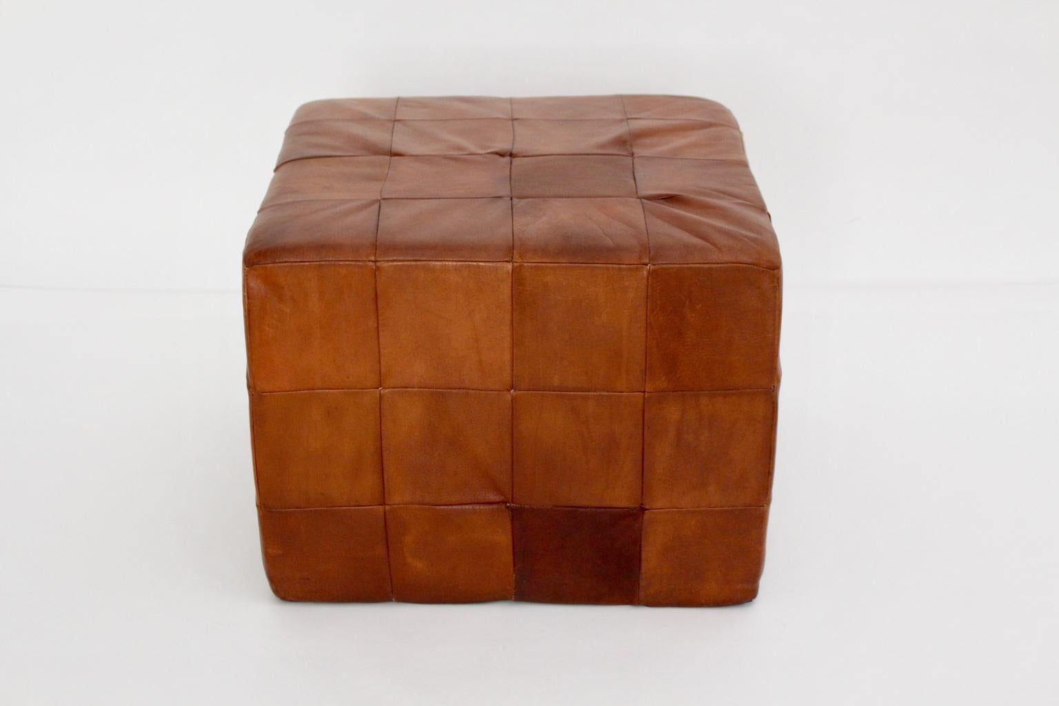 Late 20th Century De Sede Vintage Cognac Patchwork Leather Cubus Stool, Switzerland, 1970s