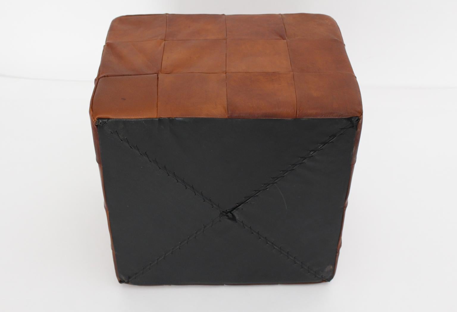 De Sede Vintage Cognac Patchwork Leather Cubus Stool, Switzerland, 1970s 3