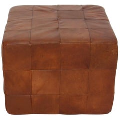 De Sede Vintage Cognac Patchwork Leather Cubus Stool, Switzerland, 1970s