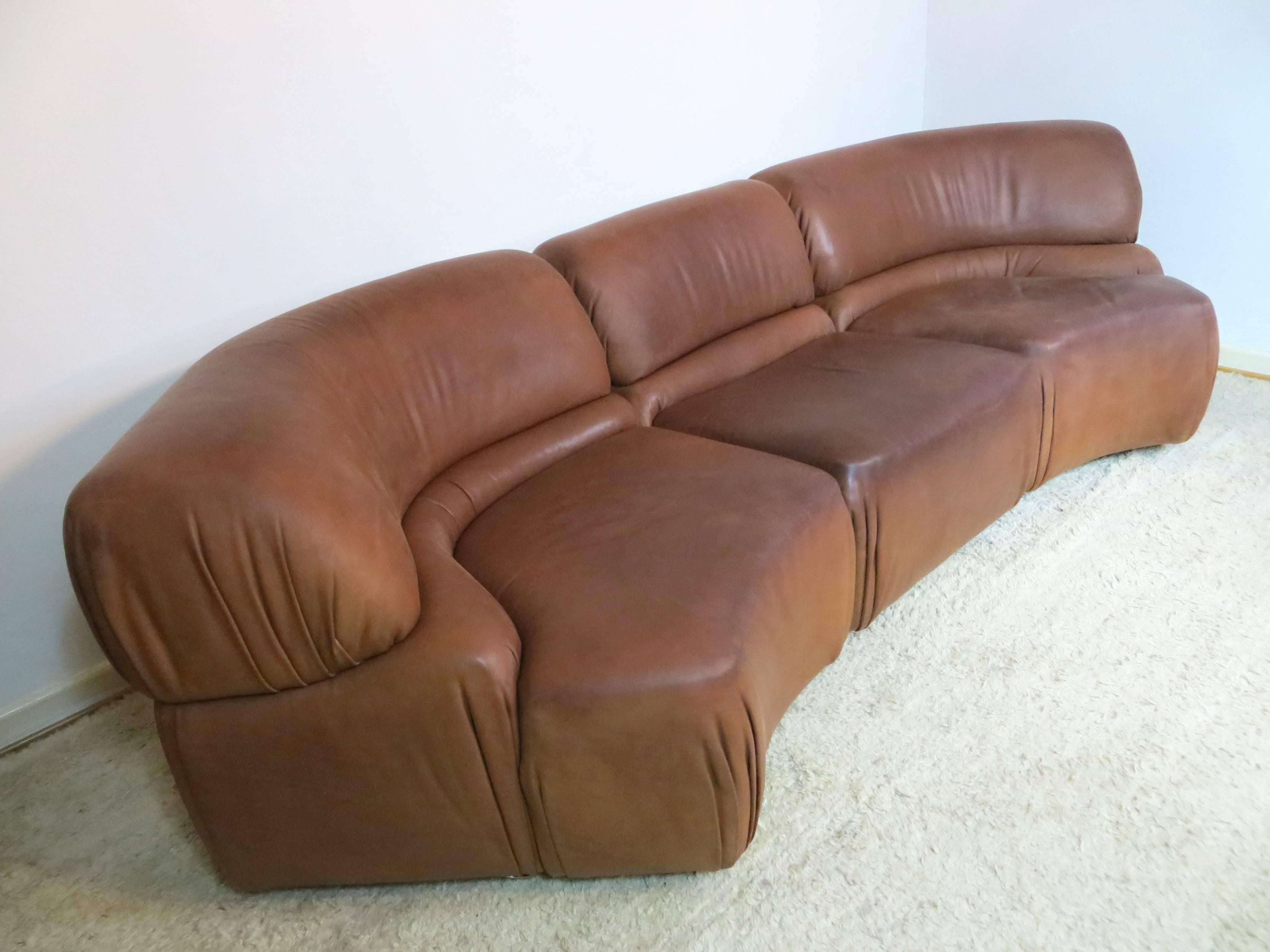 Mid-Century Modern De Sede Cosmos Modular Sectional Cognac Leather Curved Lounge Vintage Sofa 1970s