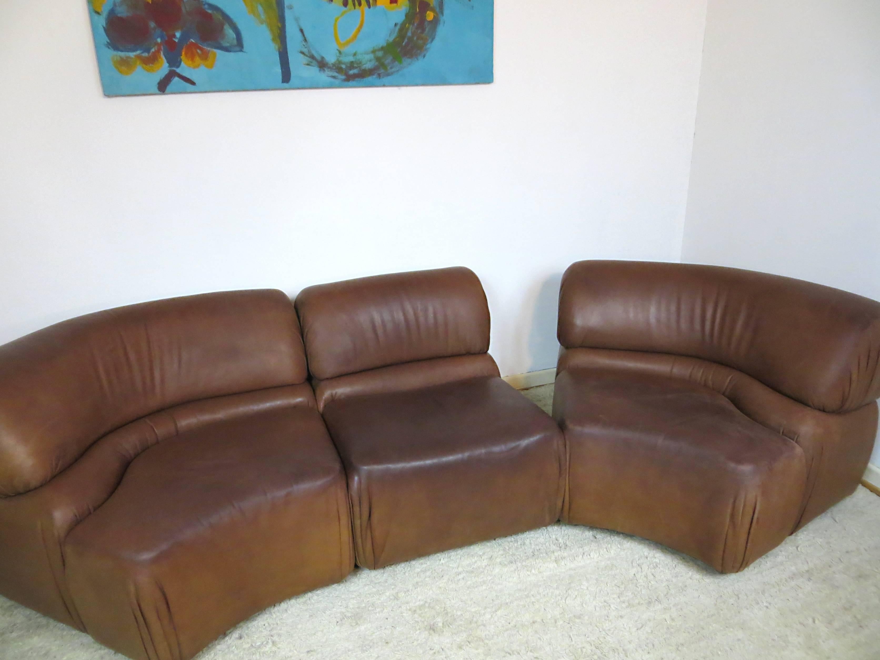 Swiss De Sede Cosmos Modular Sectional Cognac Leather Curved Lounge Vintage Sofa 1970s