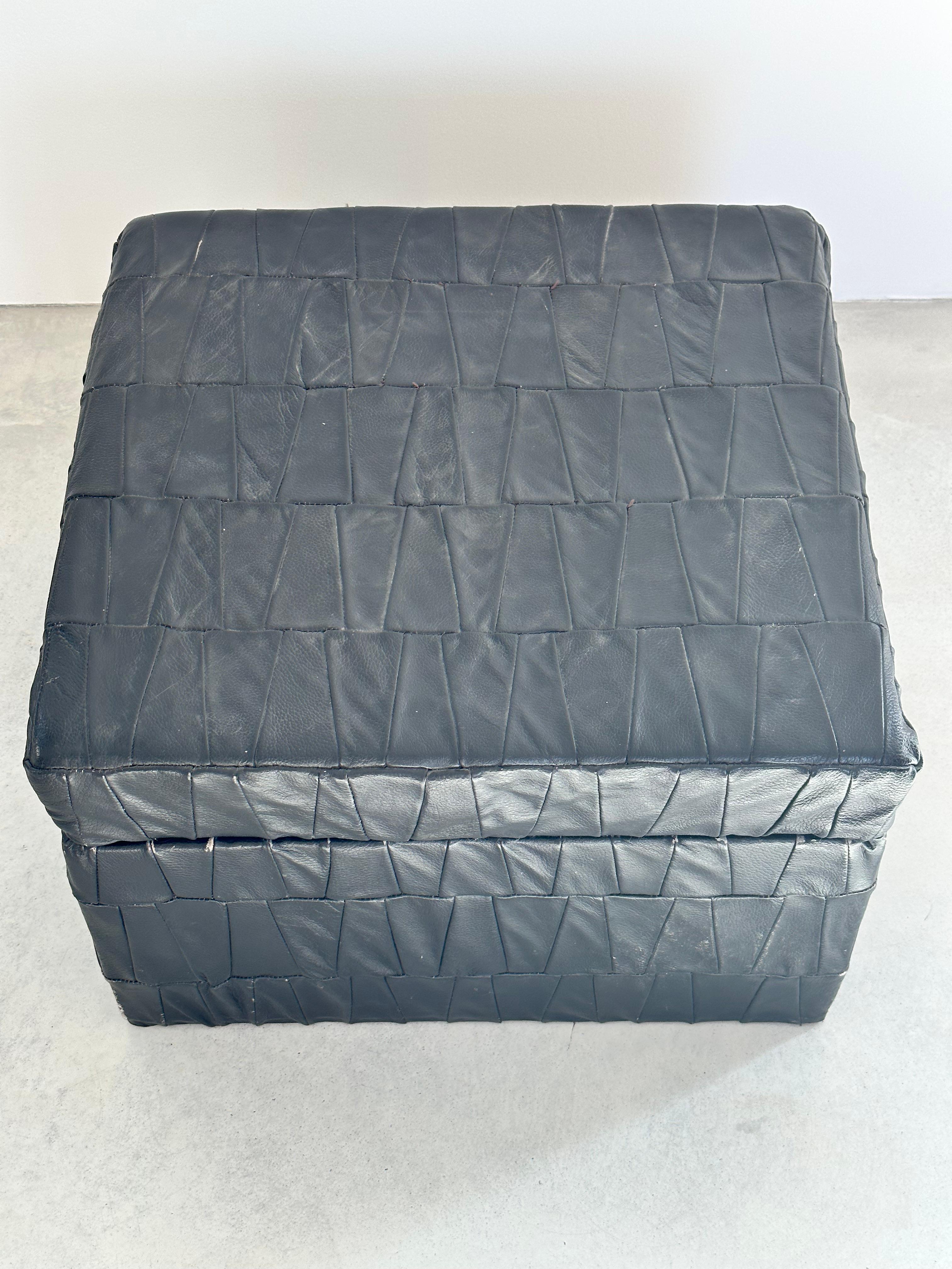 Space Age De Sede Design Black Leather Patchwork Storage Ottoman, Switzerland 1970s For Sale