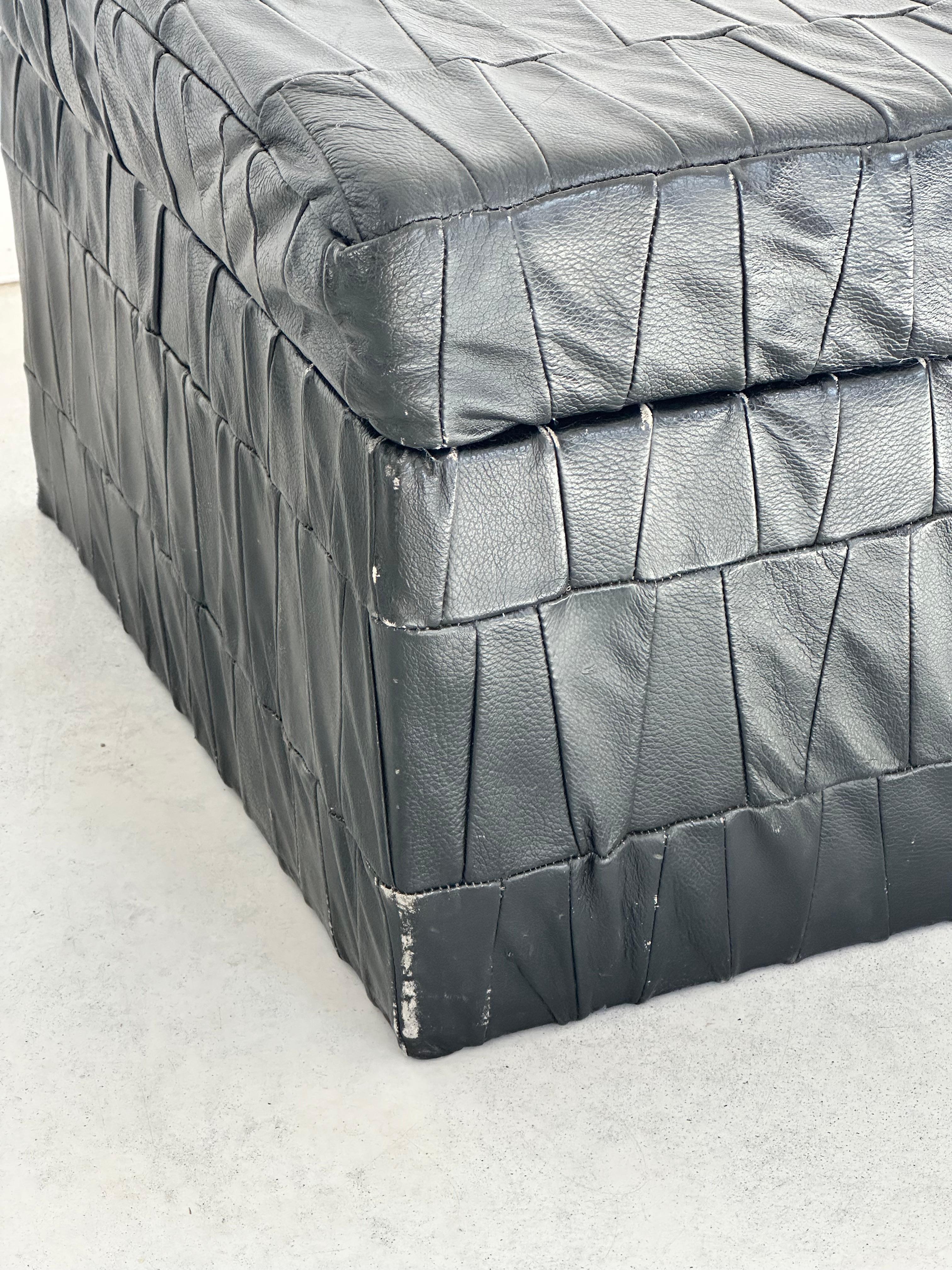 Swiss De Sede Design Black Leather Patchwork Storage Ottoman, Switzerland 1970s For Sale