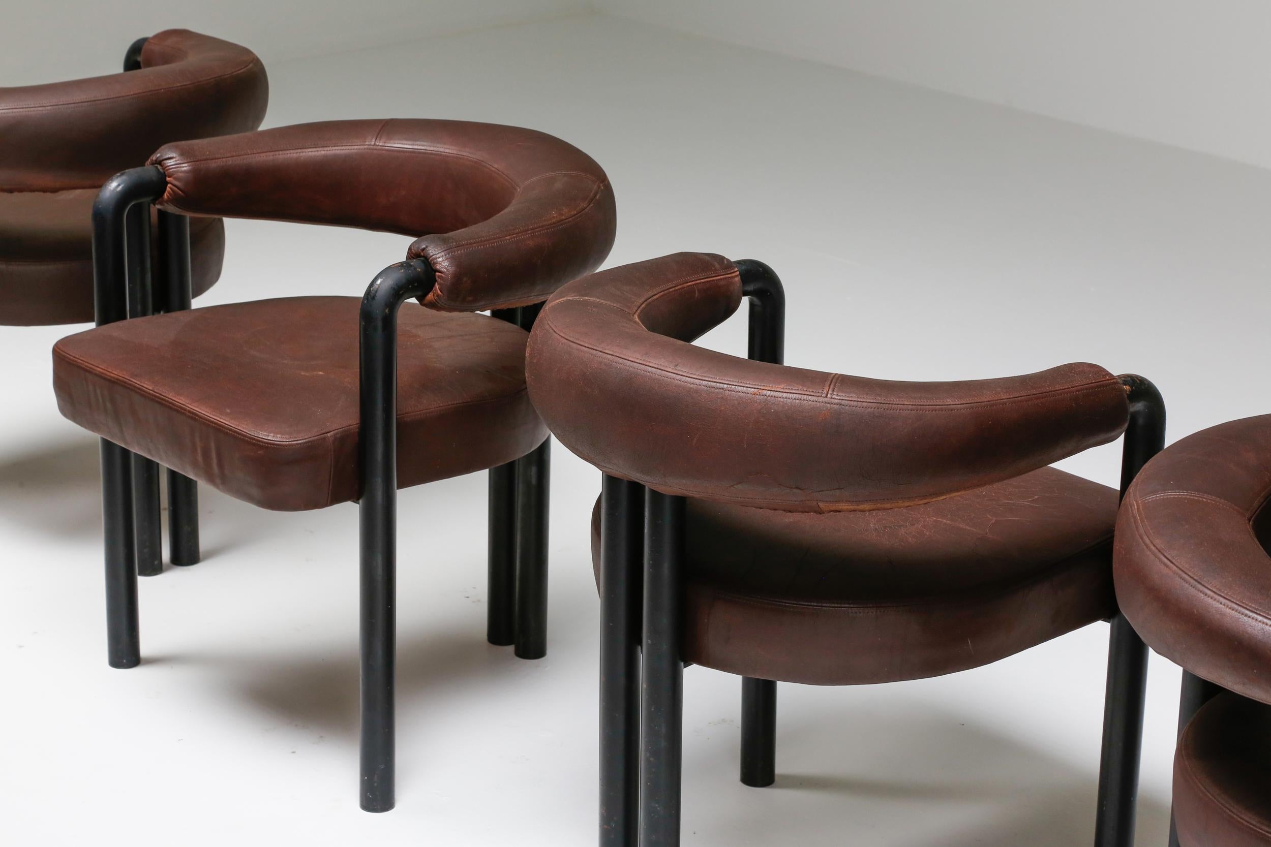 Mid-Century Modern De Sede Dining Chairs by Nienkamper in Brown Leather and Black Tubular Steel