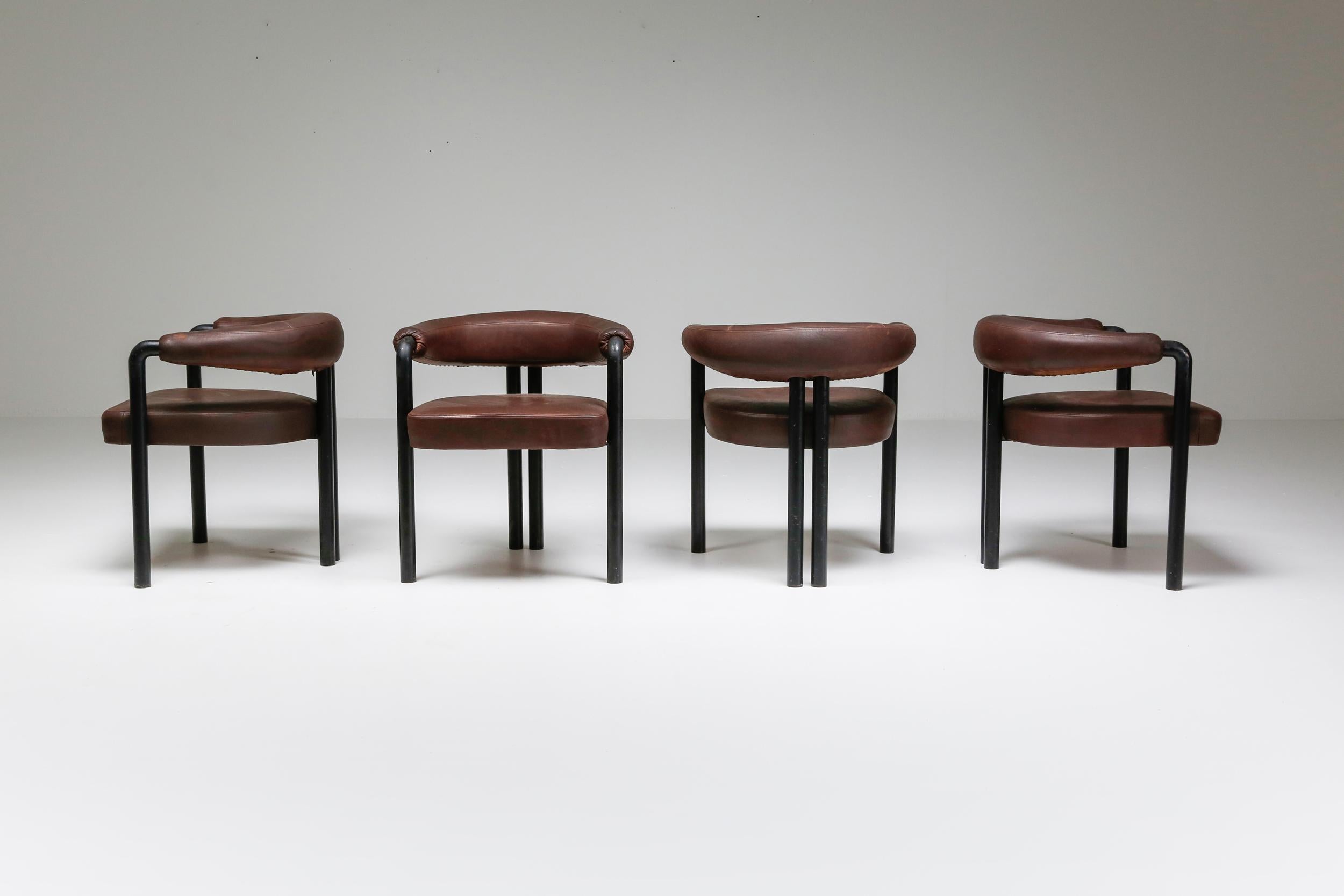Swiss De Sede Dining Chairs by Nienkamper in Brown Leather and Black Tubular Steel