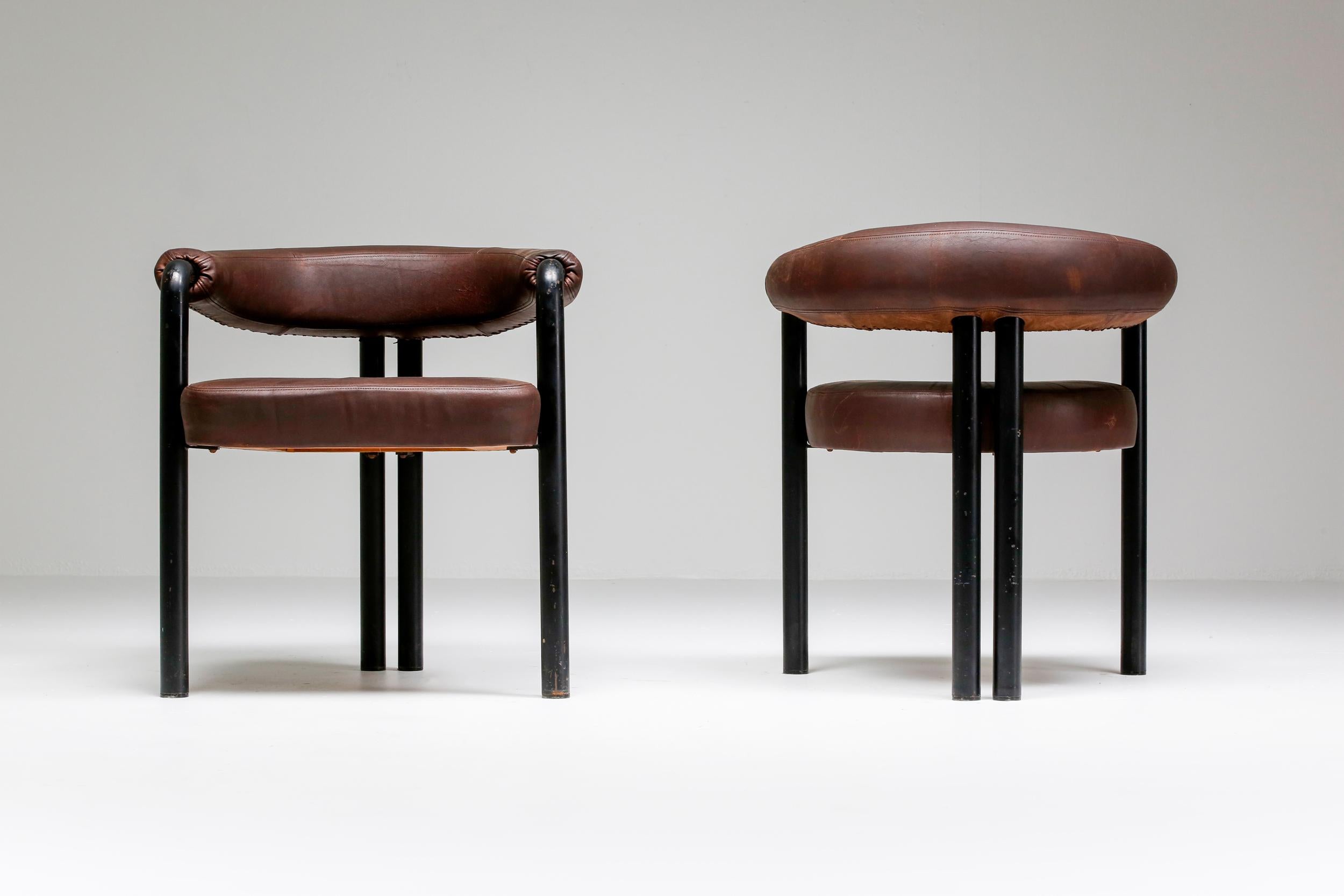 Mid-20th Century De Sede Dining Chairs by Nienkamper in Brown Leather and Black Tubular Steel