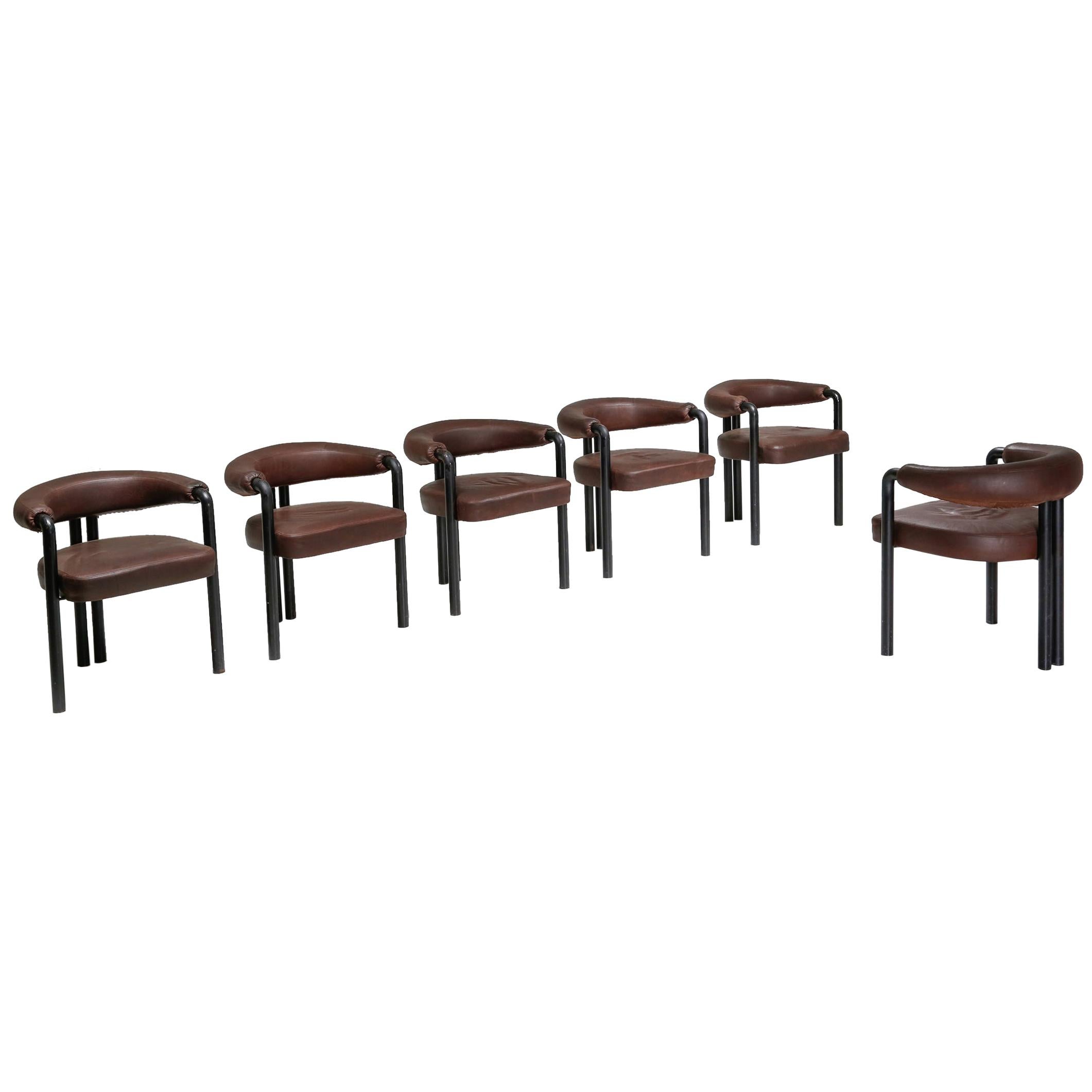 De Sede Dining Chairs by Nienkamper in Brown Leather and Black Tubular Steel