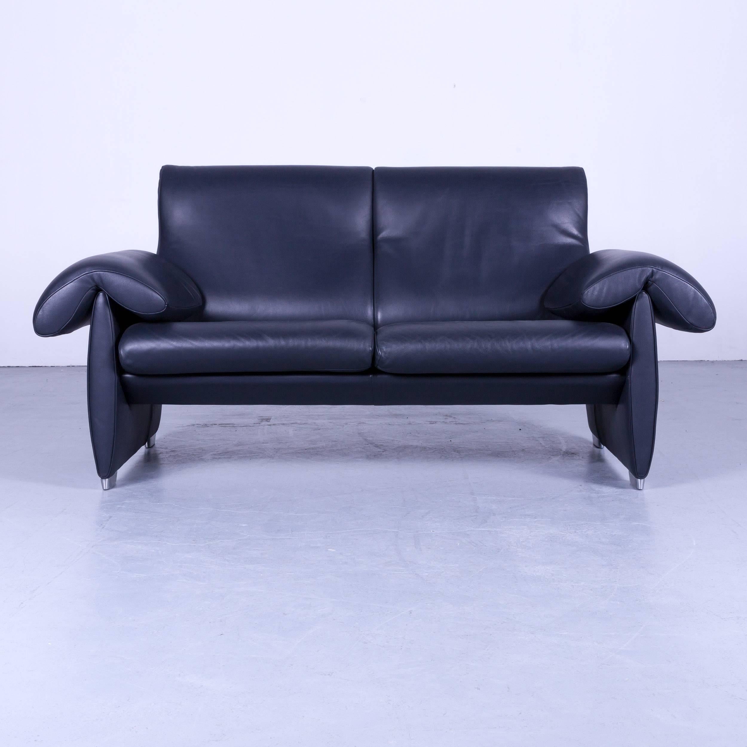 Contemporary De Sede DS 10 Designer Leather Sofa Set Dark Navy Blue Three-Seat Armchair