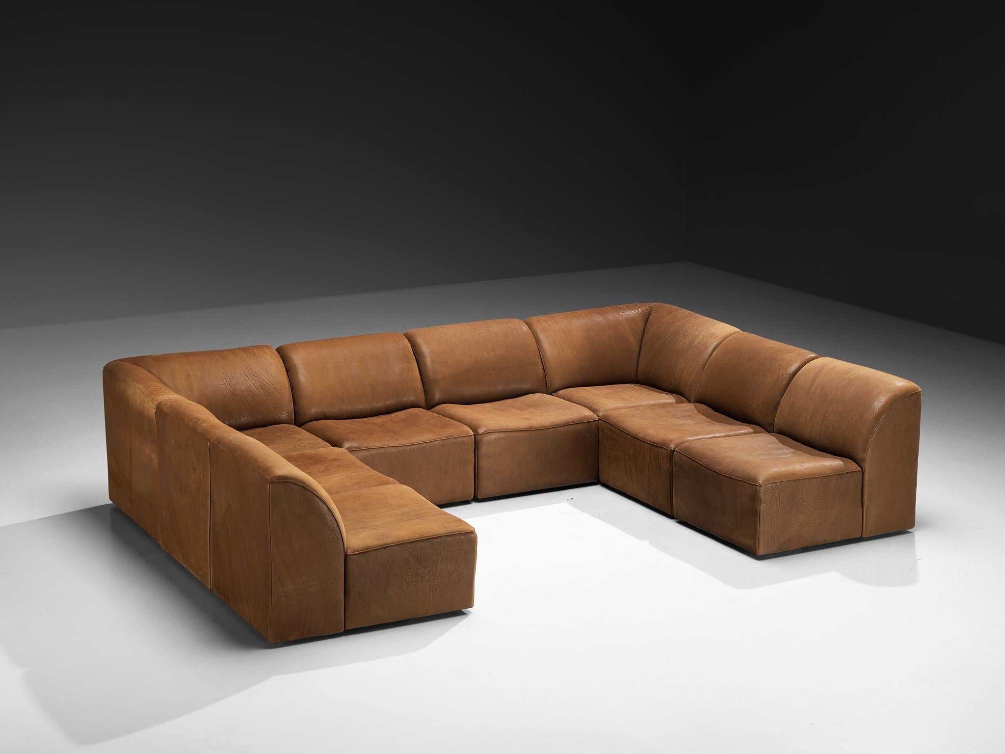 Post-Modern De Sede ‘DS-10’ Modular Sofa in Cognac Brown Saddle Leather For Sale