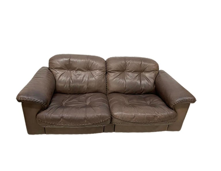 20th Century De Sede DS-101 Brown Leather Set of 2 Sofas, Lounge Chair and an Ottoman For Sale
