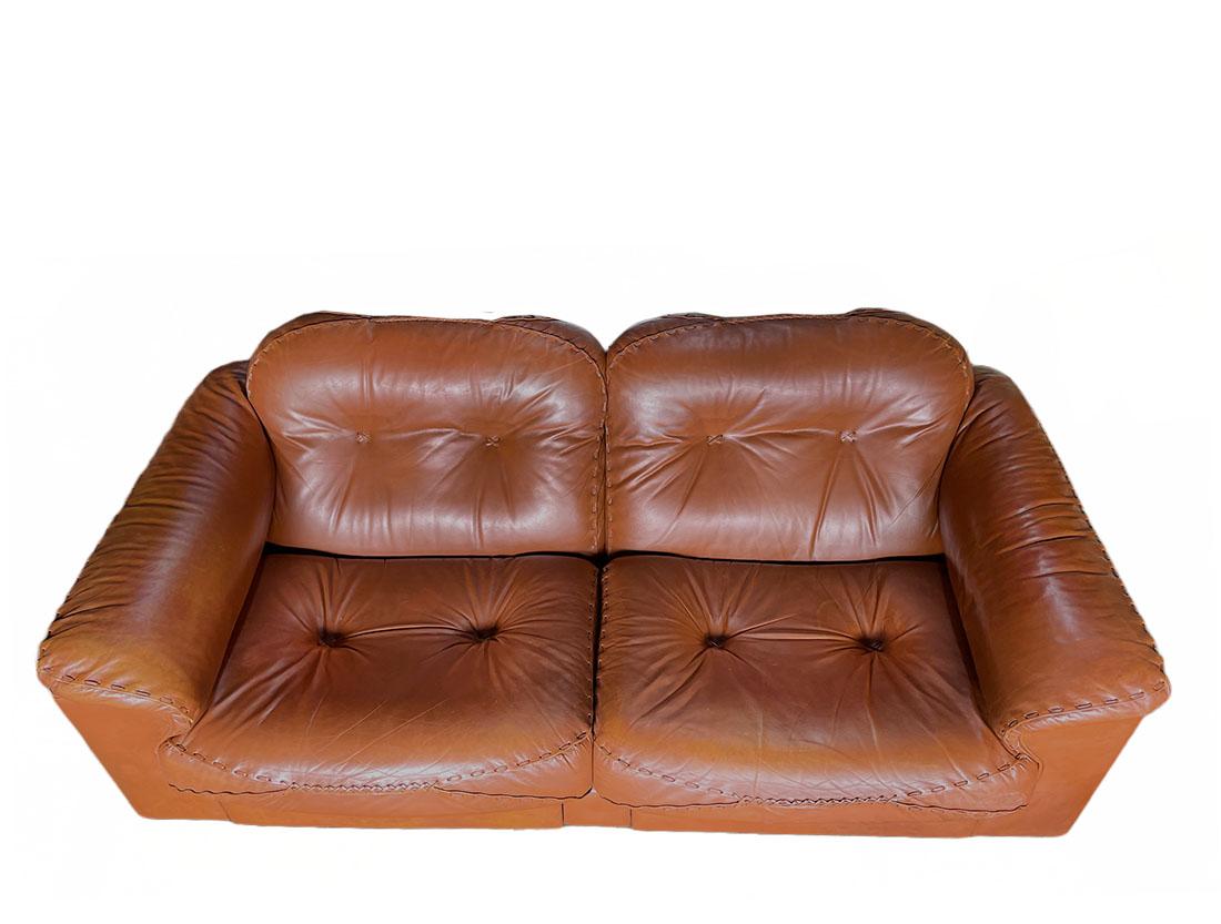 De Sede DS-101 Cognac Leather Set of 2 Sofas, Lounge Chair and an Ottoman In Good Condition For Sale In Delft, NL