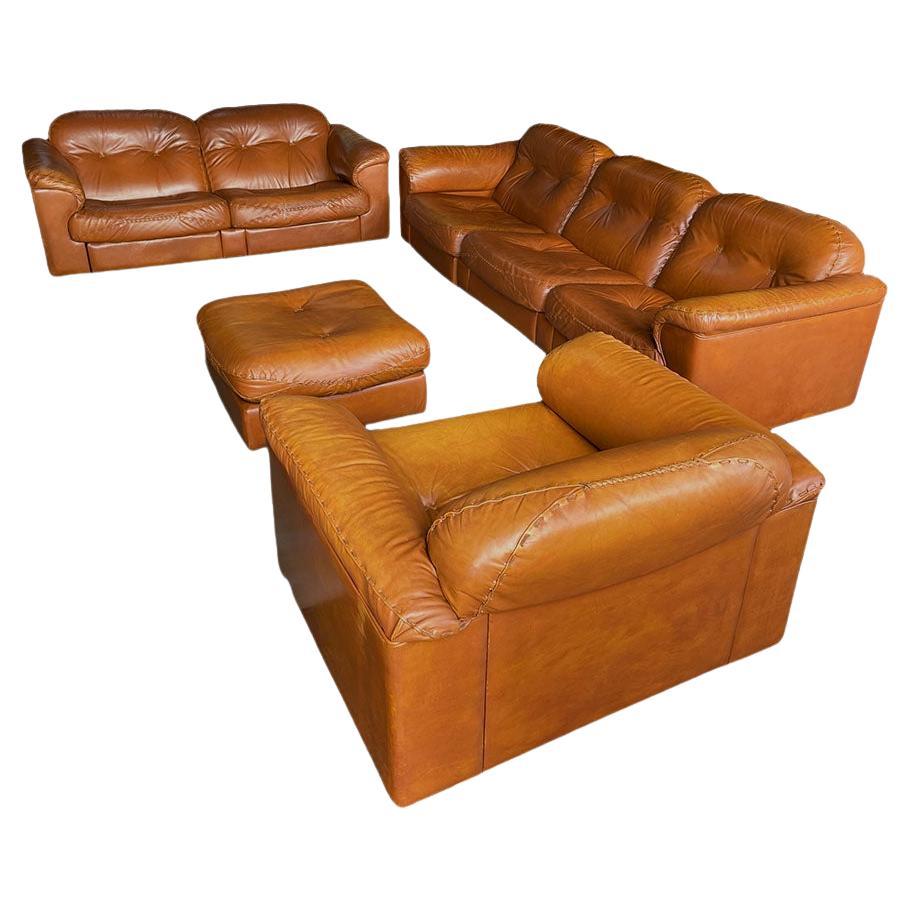 De Sede DS-101 Cognac Leather Set of 2 Sofas, Lounge Chair and an Ottoman