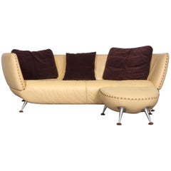 De Sede Ds 102 Designer Leather Sofa Beige Three-Seat Couch with Footstool