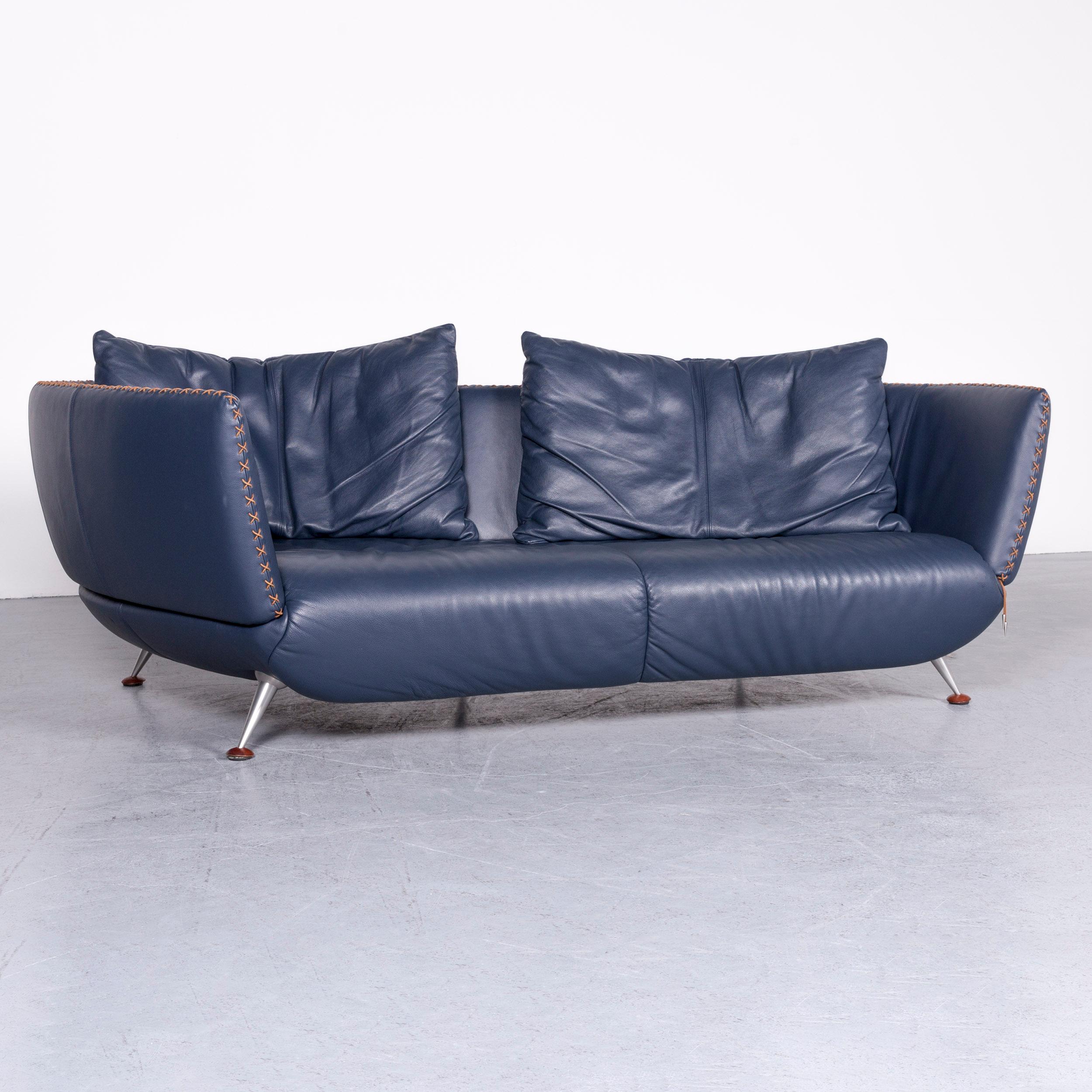 German De Sede Ds 102 Designer Leather Sofa Blue Three-Seat Couch