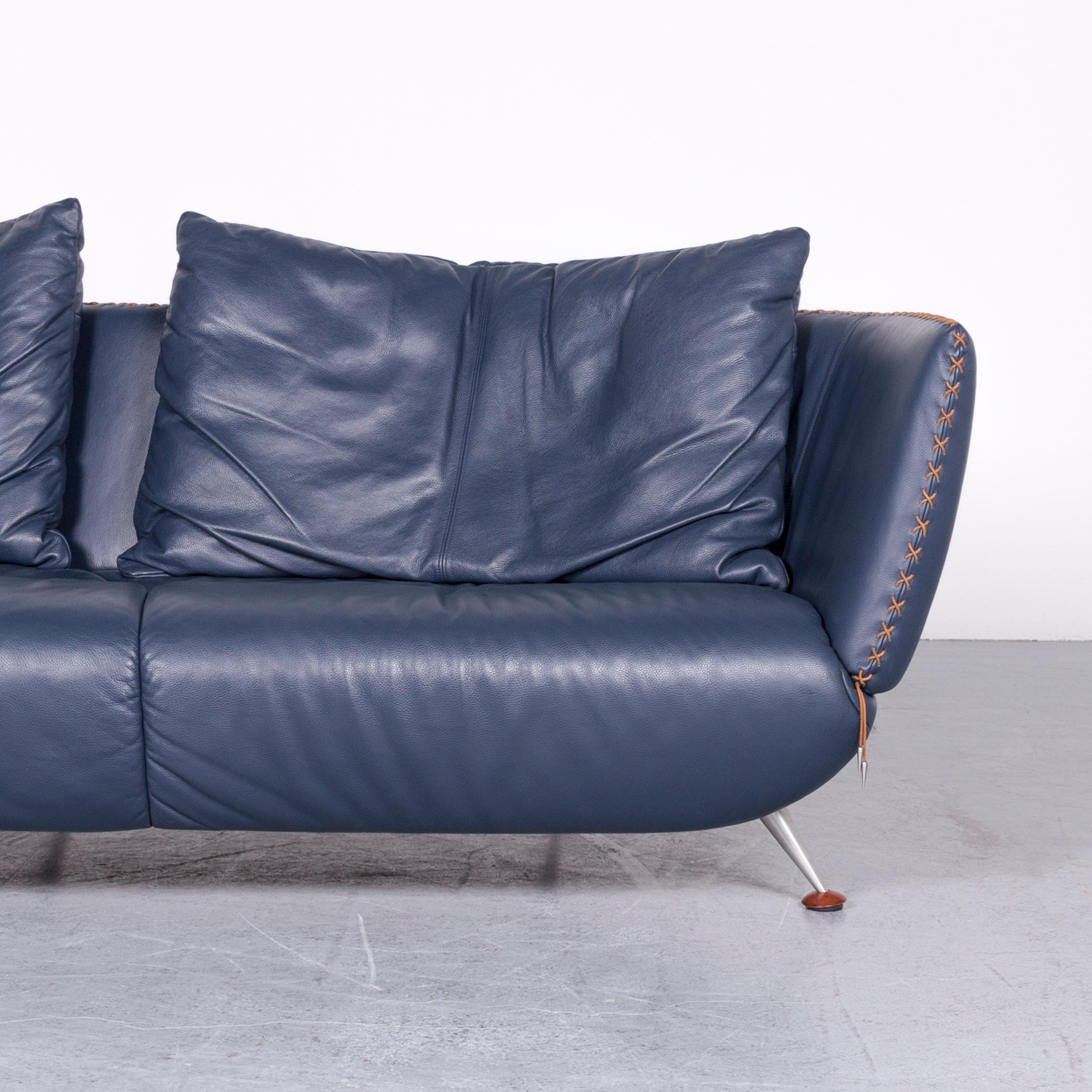 Contemporary De Sede Ds 102 Designer Leather Sofa Blue Three-Seat Couch