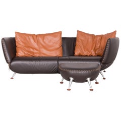 De Sede DS 102 Designer Leather Sofa Brown Three-Seat Couch with Footstool