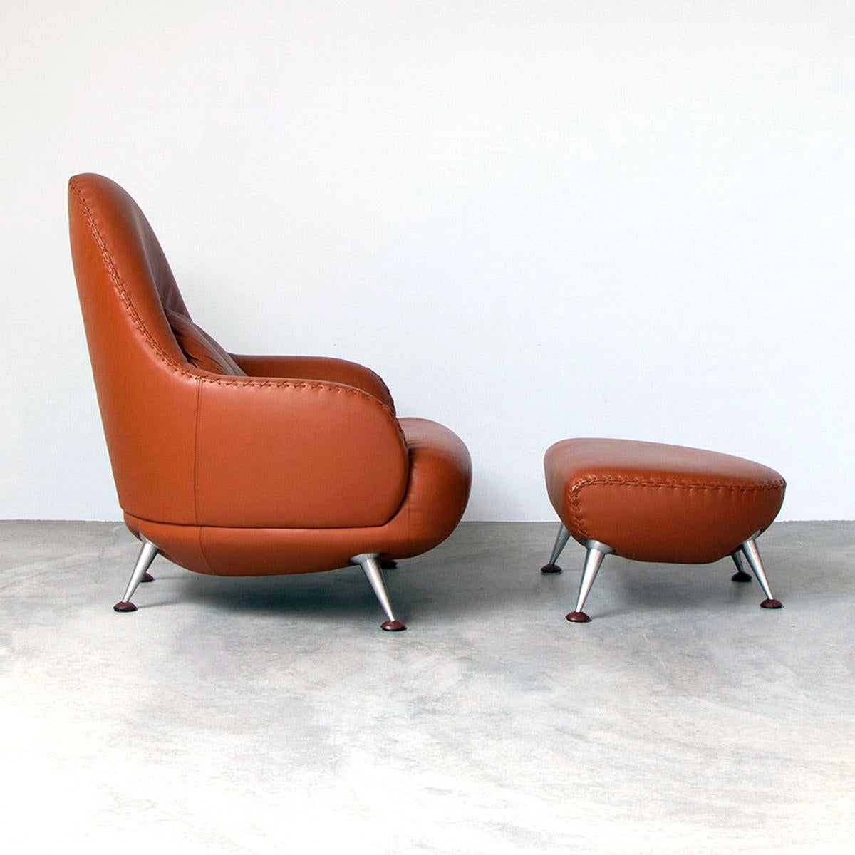 Post-Modern De Sede DS-102 Lounge Armchair and Hocker in Cognac Leather by Mathias Hoffmann